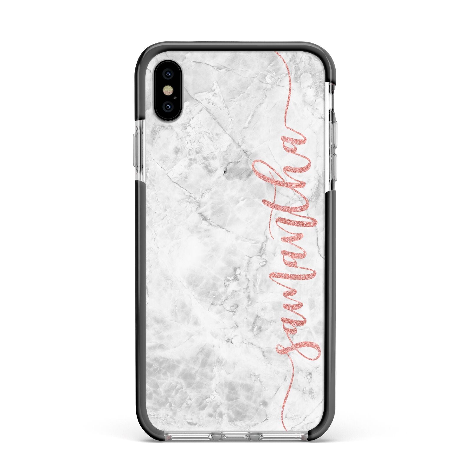 Grey Marble Personalised Vertical Glitter Name Apple iPhone Xs Max Impact Case Black Edge on Silver Phone