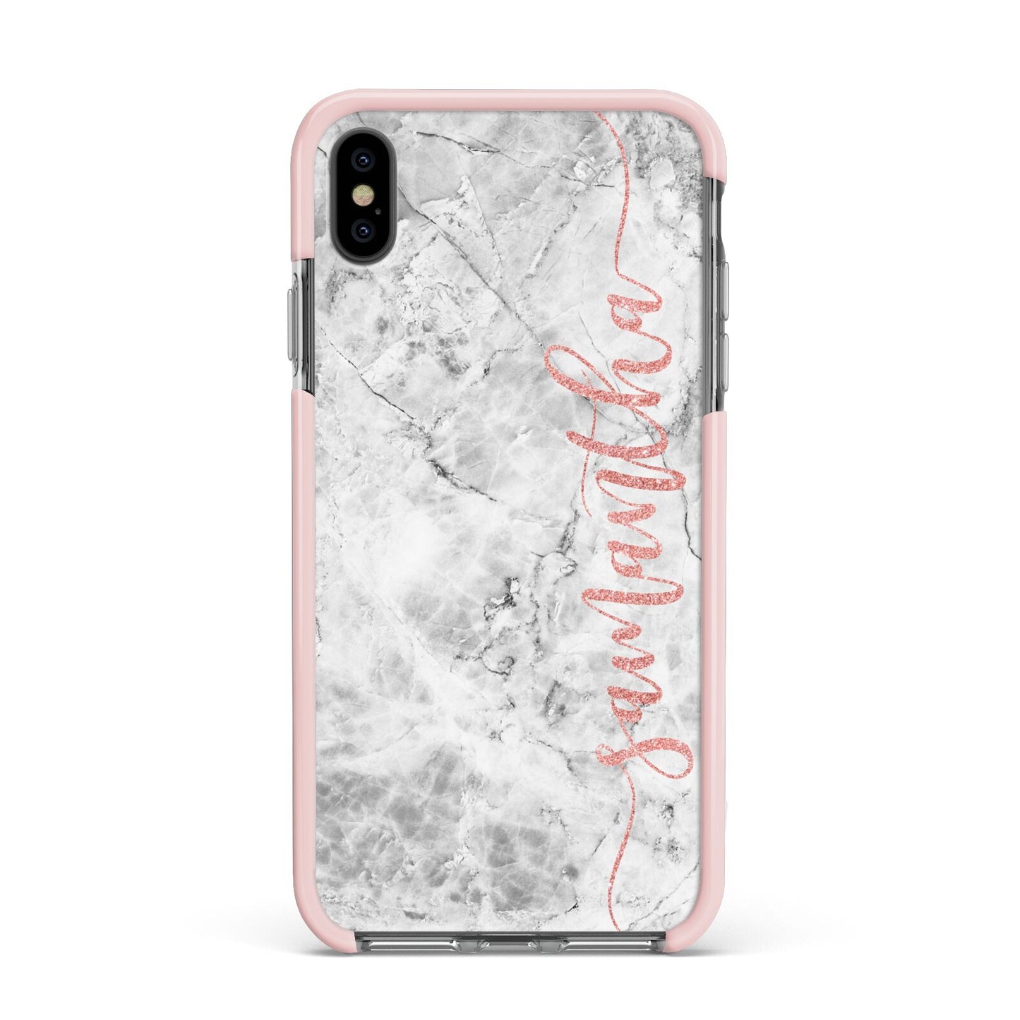 Grey Marble Personalised Vertical Glitter Name Apple iPhone Xs Max Impact Case Pink Edge on Black Phone