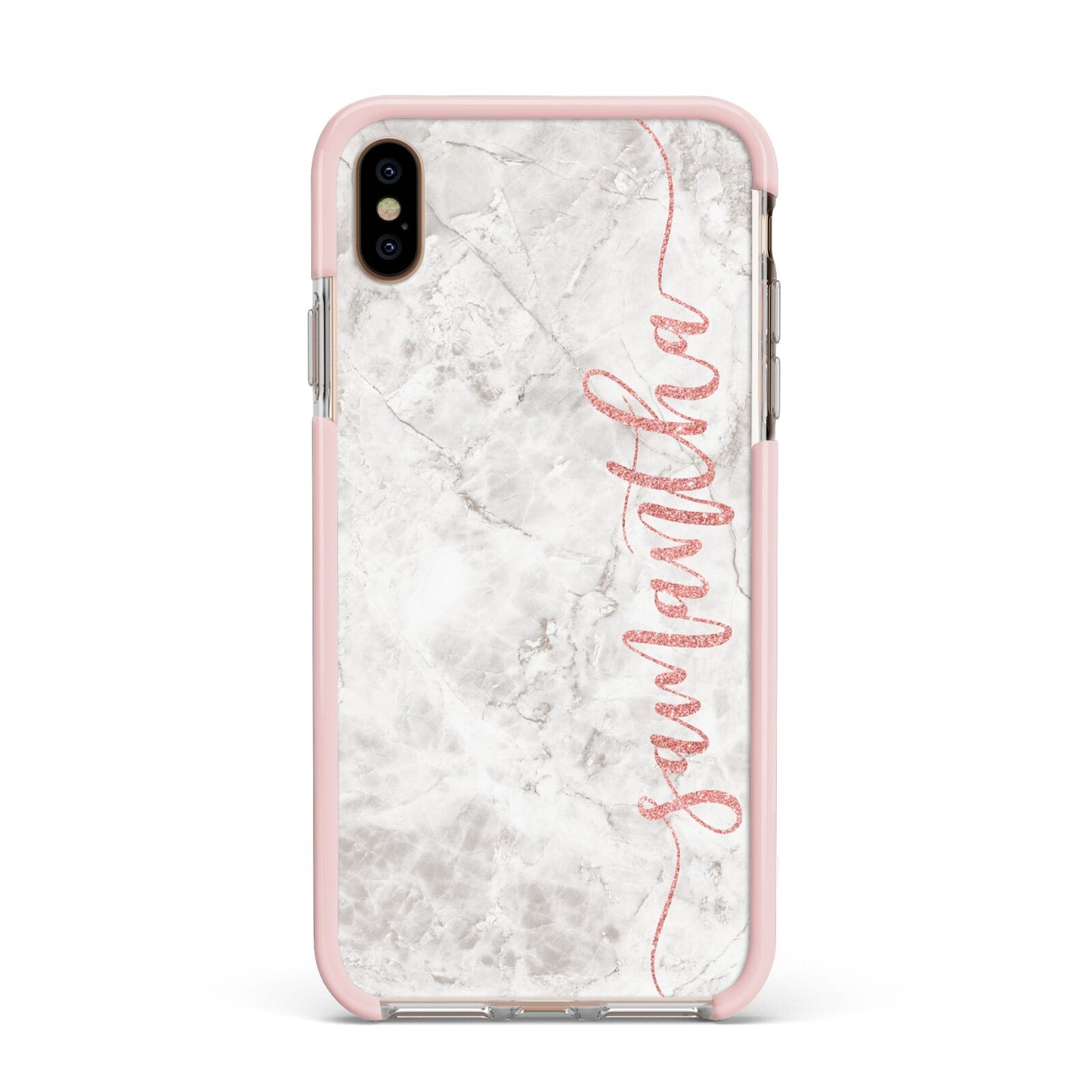 Grey Marble Personalised Vertical Glitter Name Apple iPhone Xs Max Impact Case Pink Edge on Gold Phone