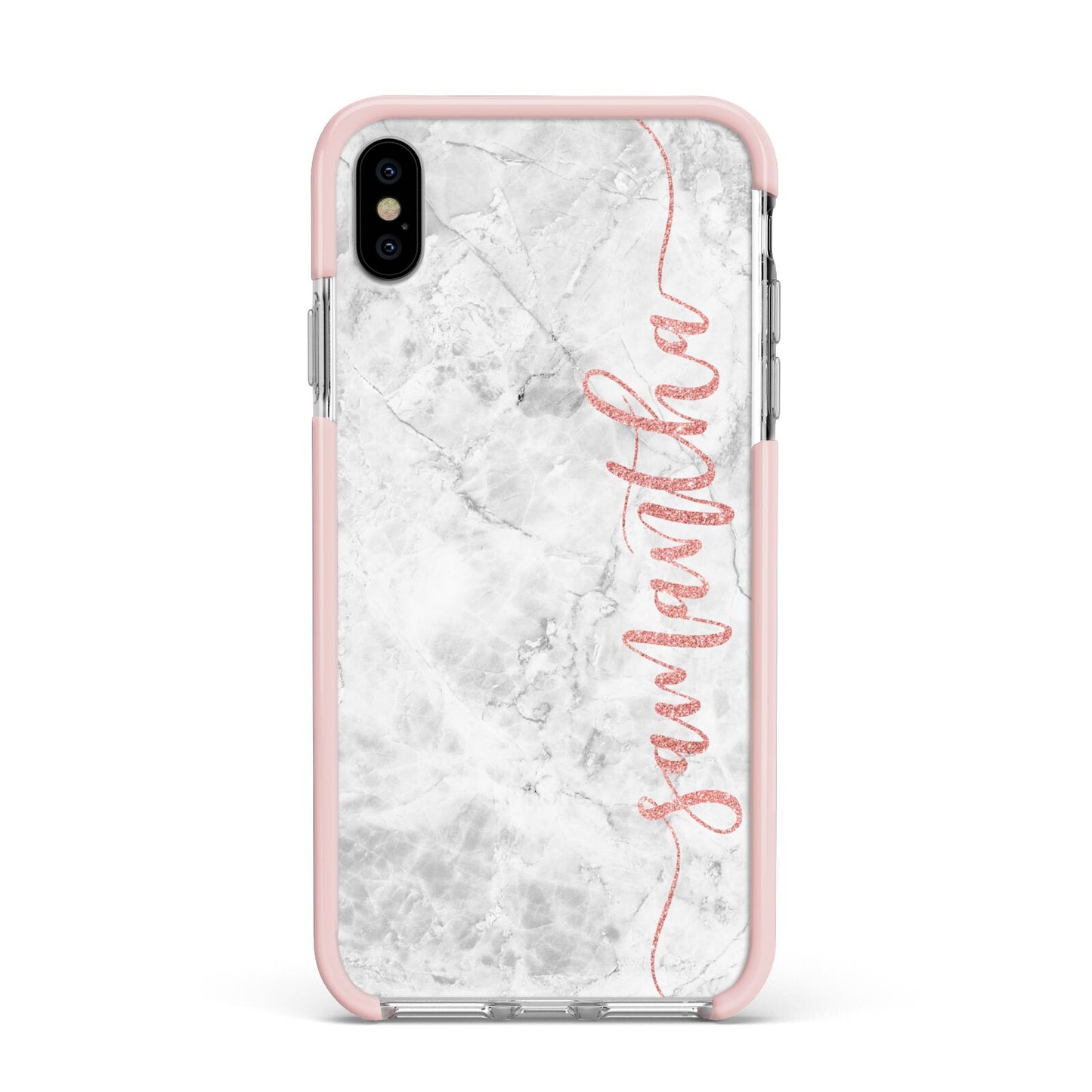 Grey Marble Personalised Vertical Glitter Name Apple iPhone Xs Max Impact Case Pink Edge on Silver Phone