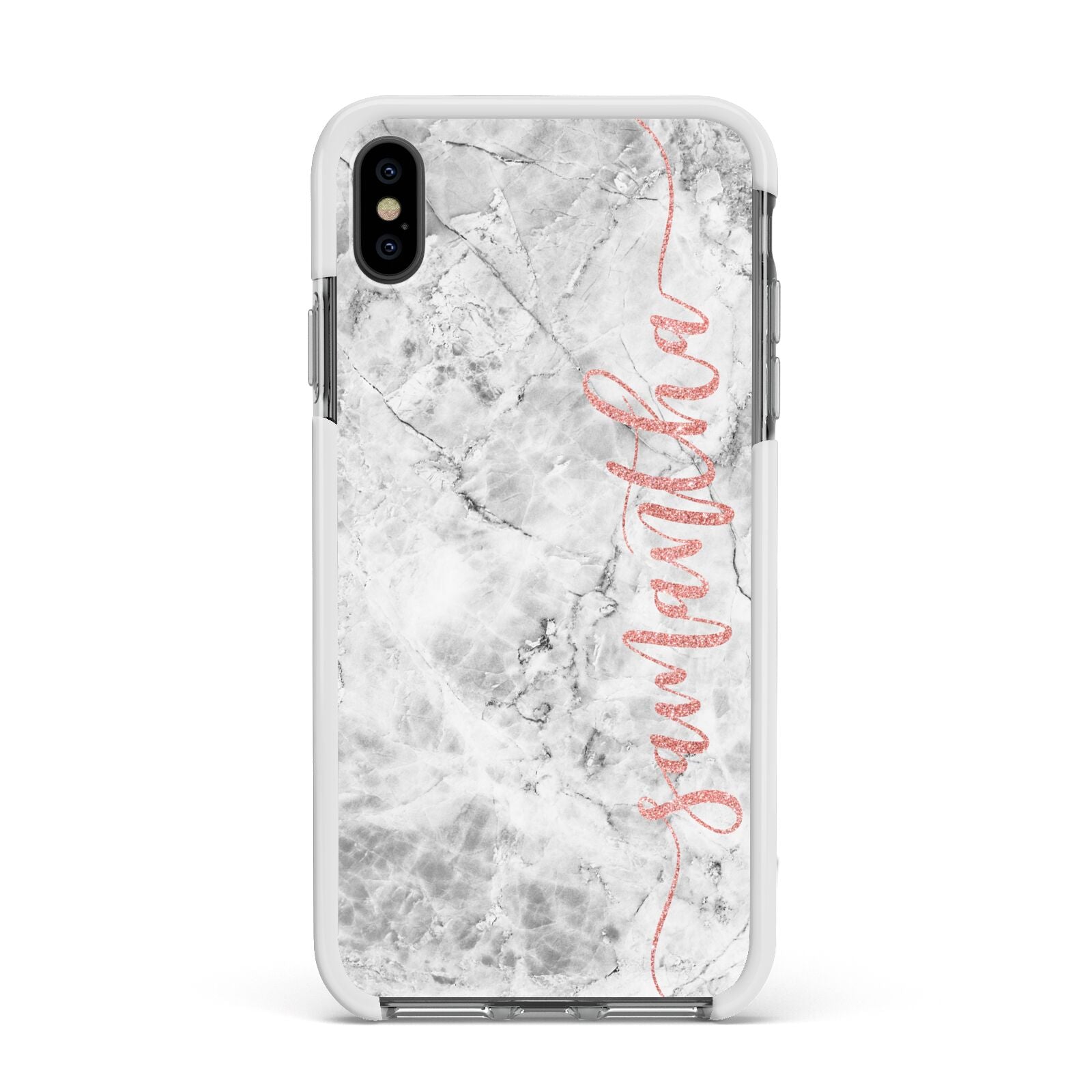 Grey Marble Personalised Vertical Glitter Name Apple iPhone Xs Max Impact Case White Edge on Black Phone