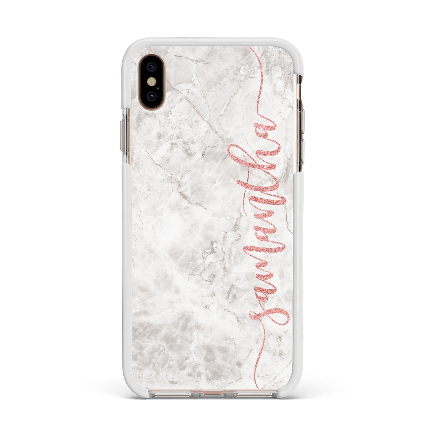 Grey Marble Personalised Vertical Glitter Name Apple iPhone Xs Max Impact Case White Edge on Gold Phone