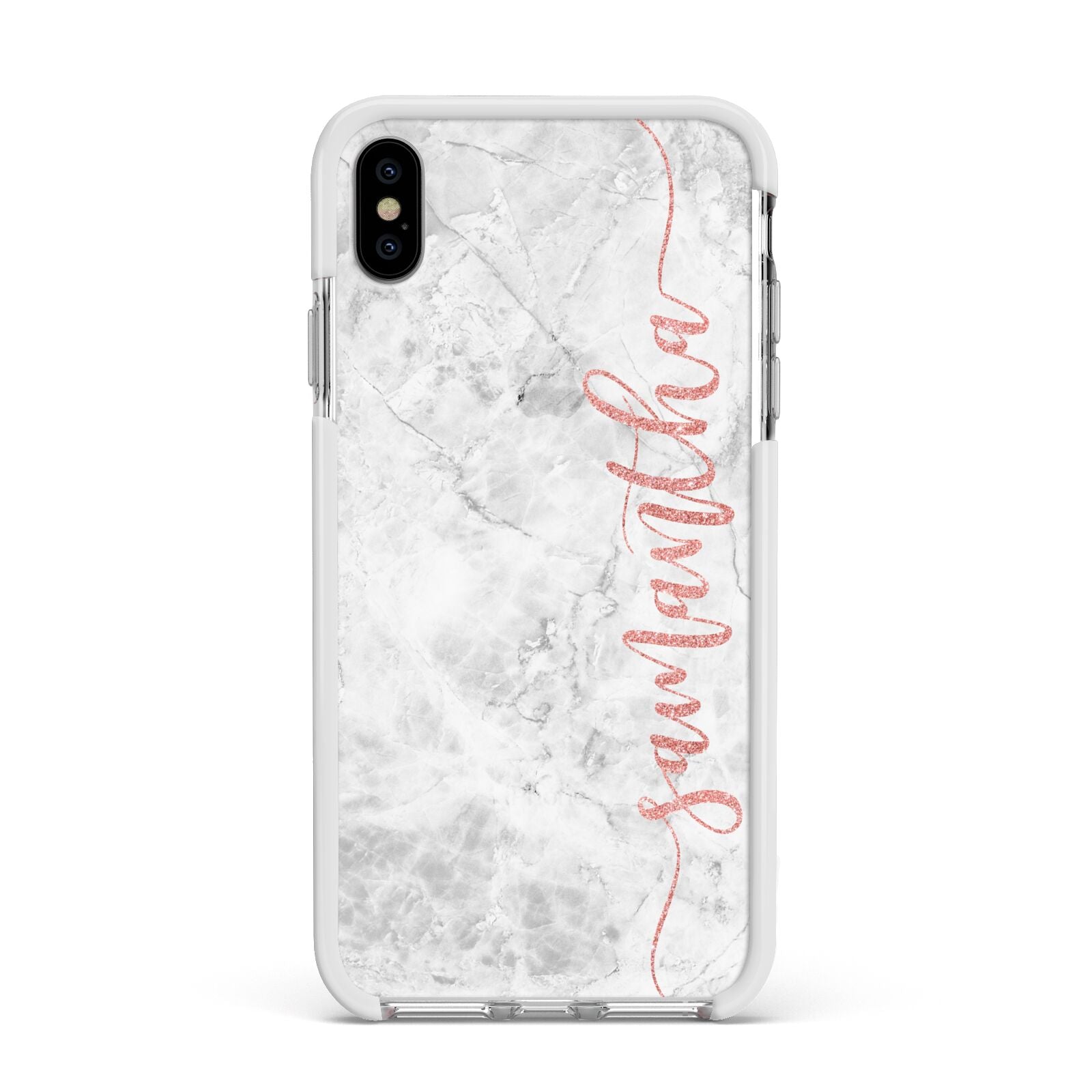 Grey Marble Personalised Vertical Glitter Name Apple iPhone Xs Max Impact Case White Edge on Silver Phone