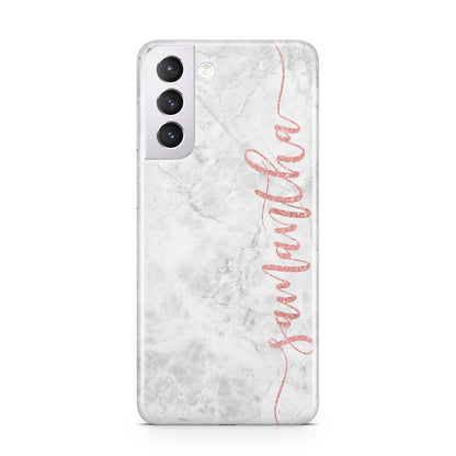 Grey Marble Personalised Vertical Glitter Name Samsung S21 Case