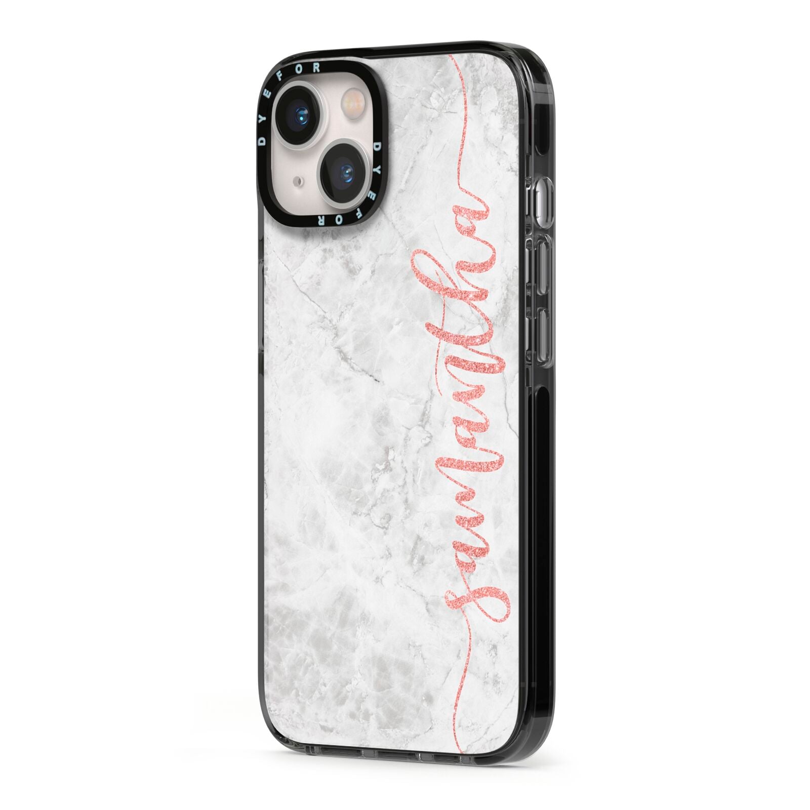 Grey Marble Personalised Vertical Glitter Name iPhone 13 Black Impact Case Side Angle on Silver phone