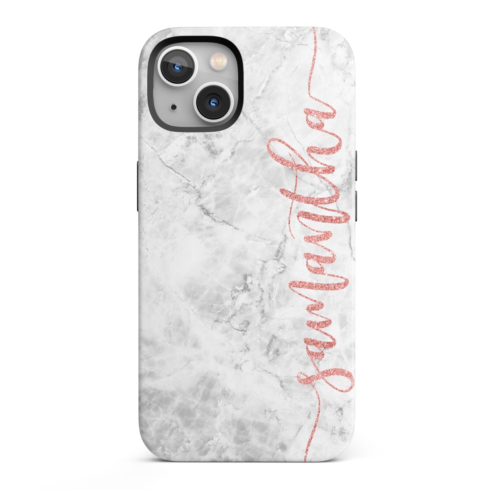 Grey Marble Personalised Vertical Glitter Name iPhone 13 Full Wrap 3D Tough Case