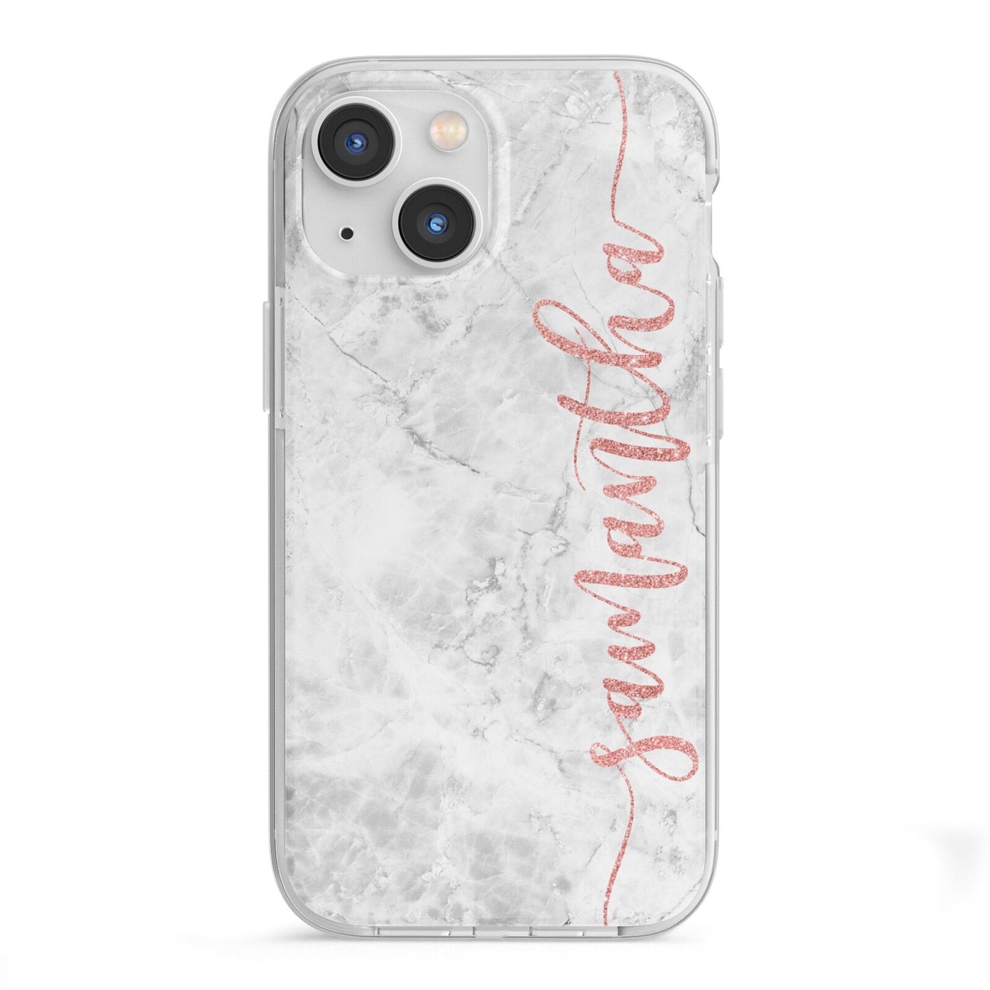 Grey Marble Personalised Vertical Glitter Name iPhone 13 Mini TPU Impact Case with White Edges