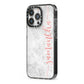 Grey Marble Personalised Vertical Glitter Name iPhone 13 Pro Black Impact Case Side Angle on Silver phone