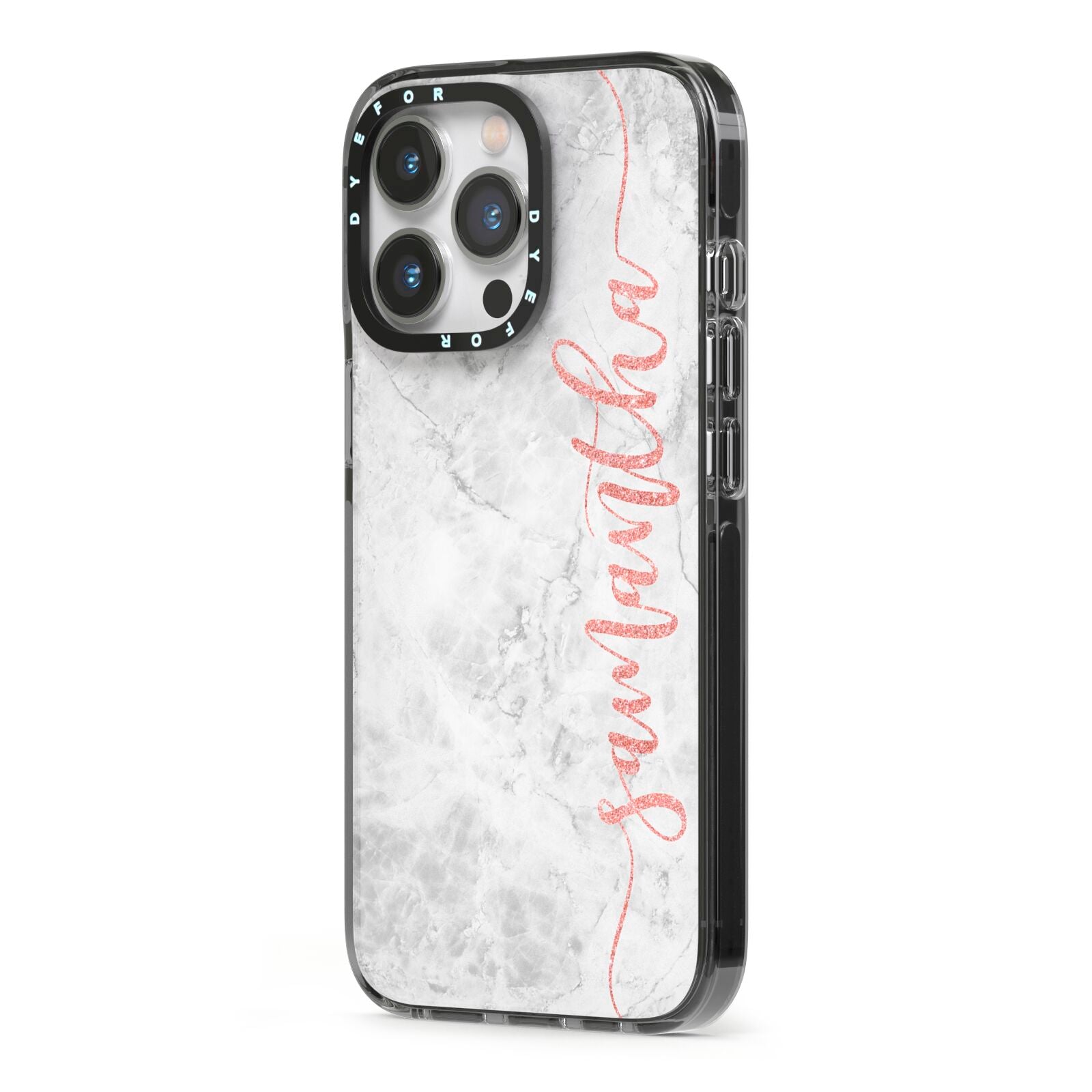 Grey Marble Personalised Vertical Glitter Name iPhone 13 Pro Black Impact Case Side Angle on Silver phone