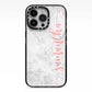 Grey Marble Personalised Vertical Glitter Name iPhone 13 Pro Black Impact Case on Silver phone