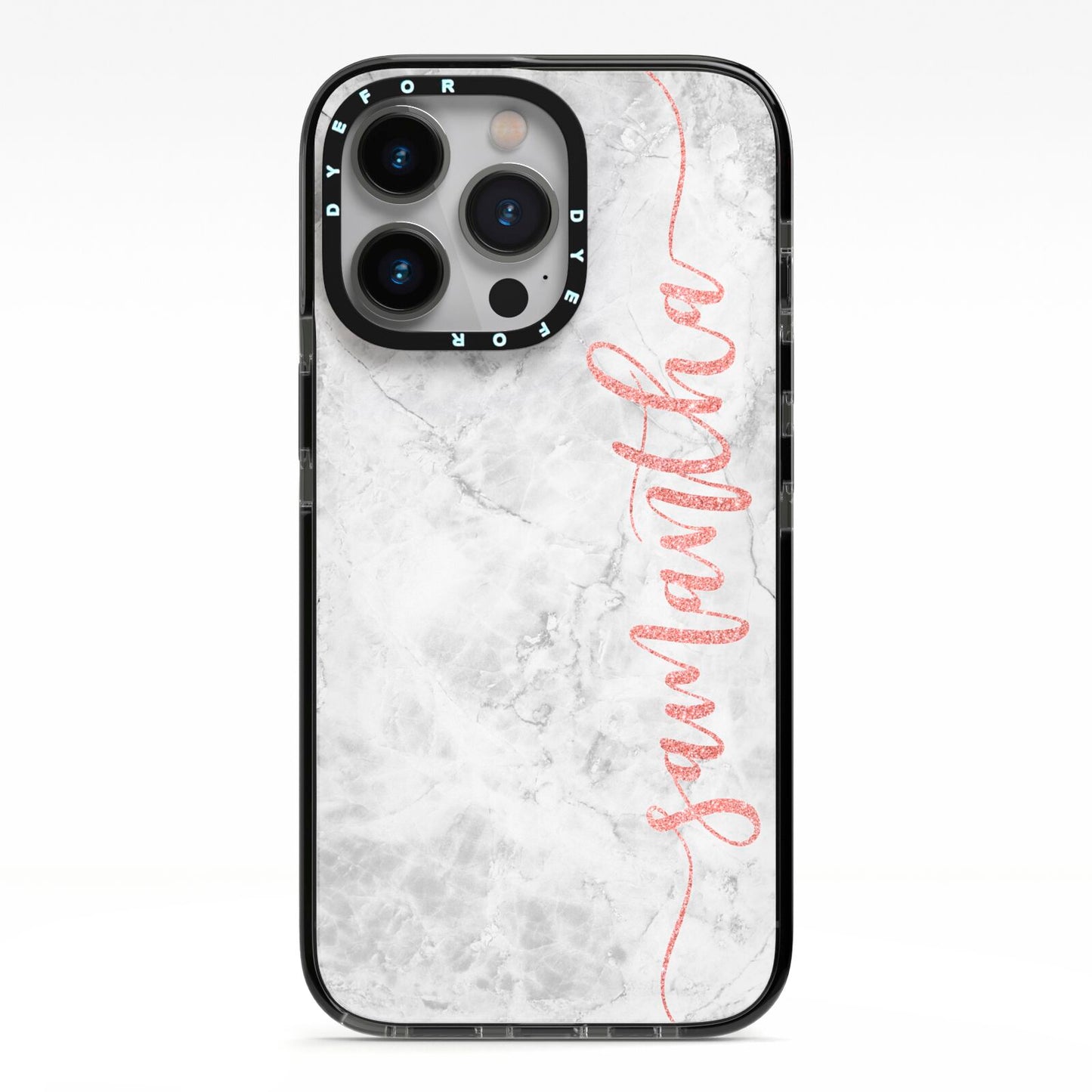 Grey Marble Personalised Vertical Glitter Name iPhone 13 Pro Black Impact Case on Silver phone