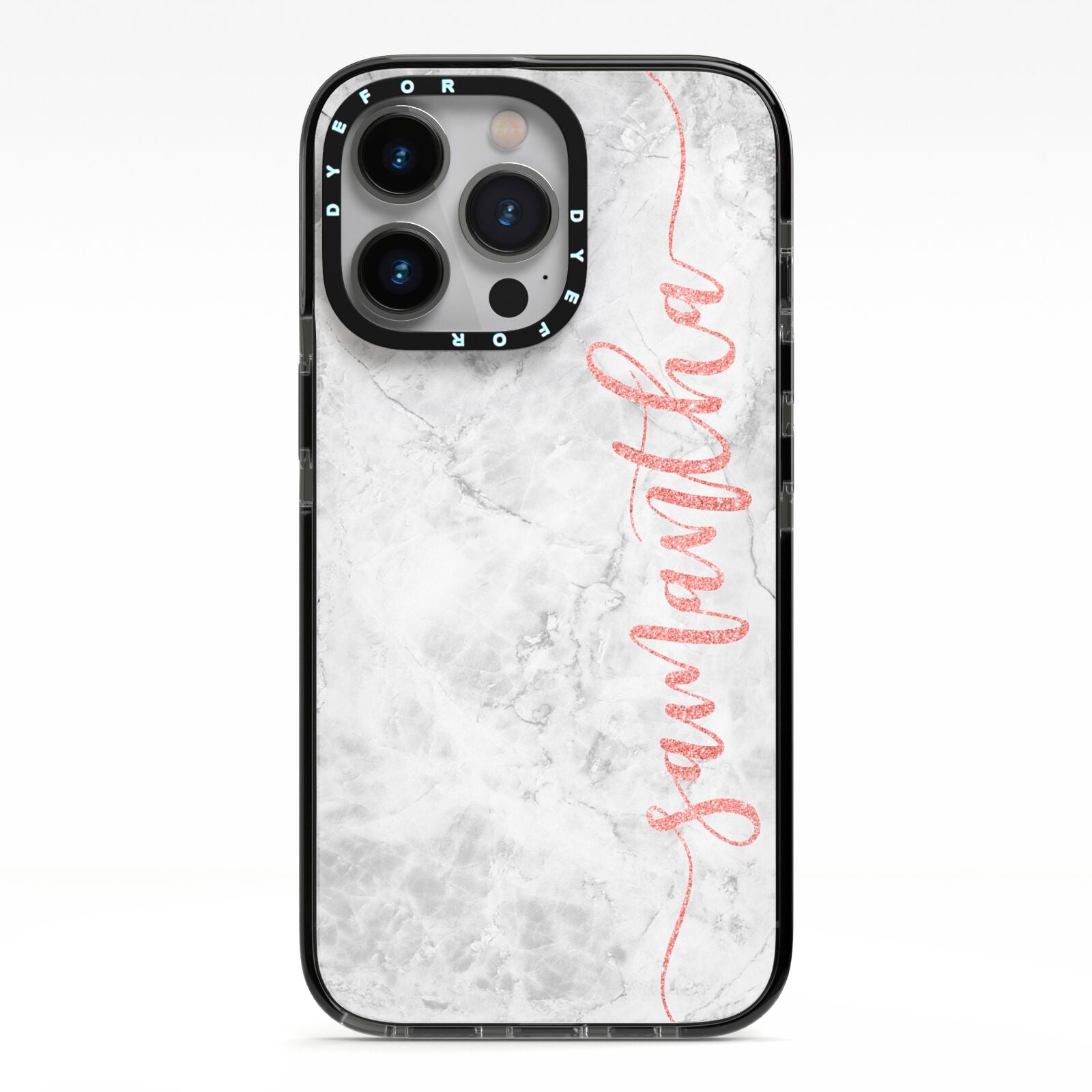 Grey Marble Personalised Vertical Glitter Name iPhone 13 Pro Black Impact Case on Silver phone