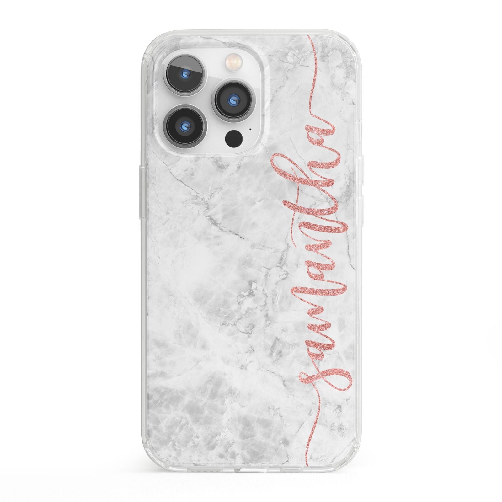 Grey Marble Personalised Vertical Glitter Name iPhone 13 Pro Clear Bumper Case