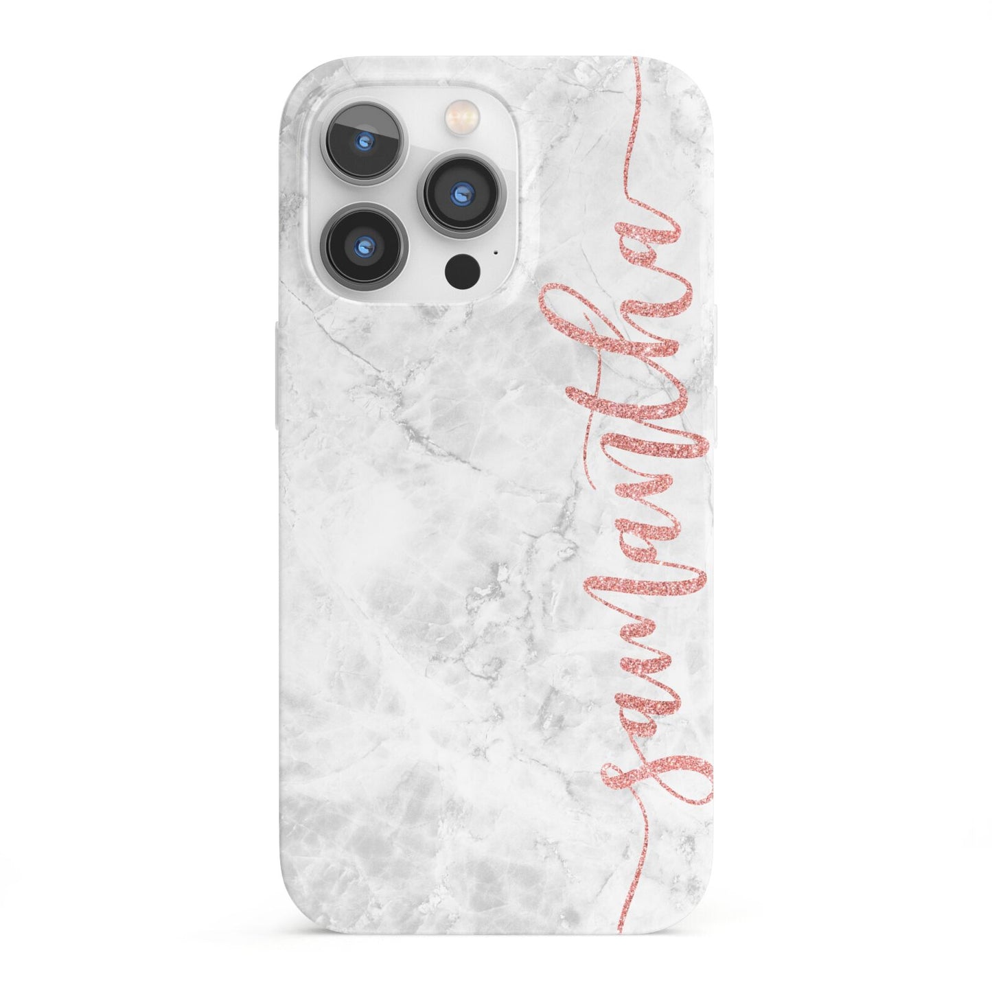 Grey Marble Personalised Vertical Glitter Name iPhone 13 Pro Full Wrap 3D Snap Case