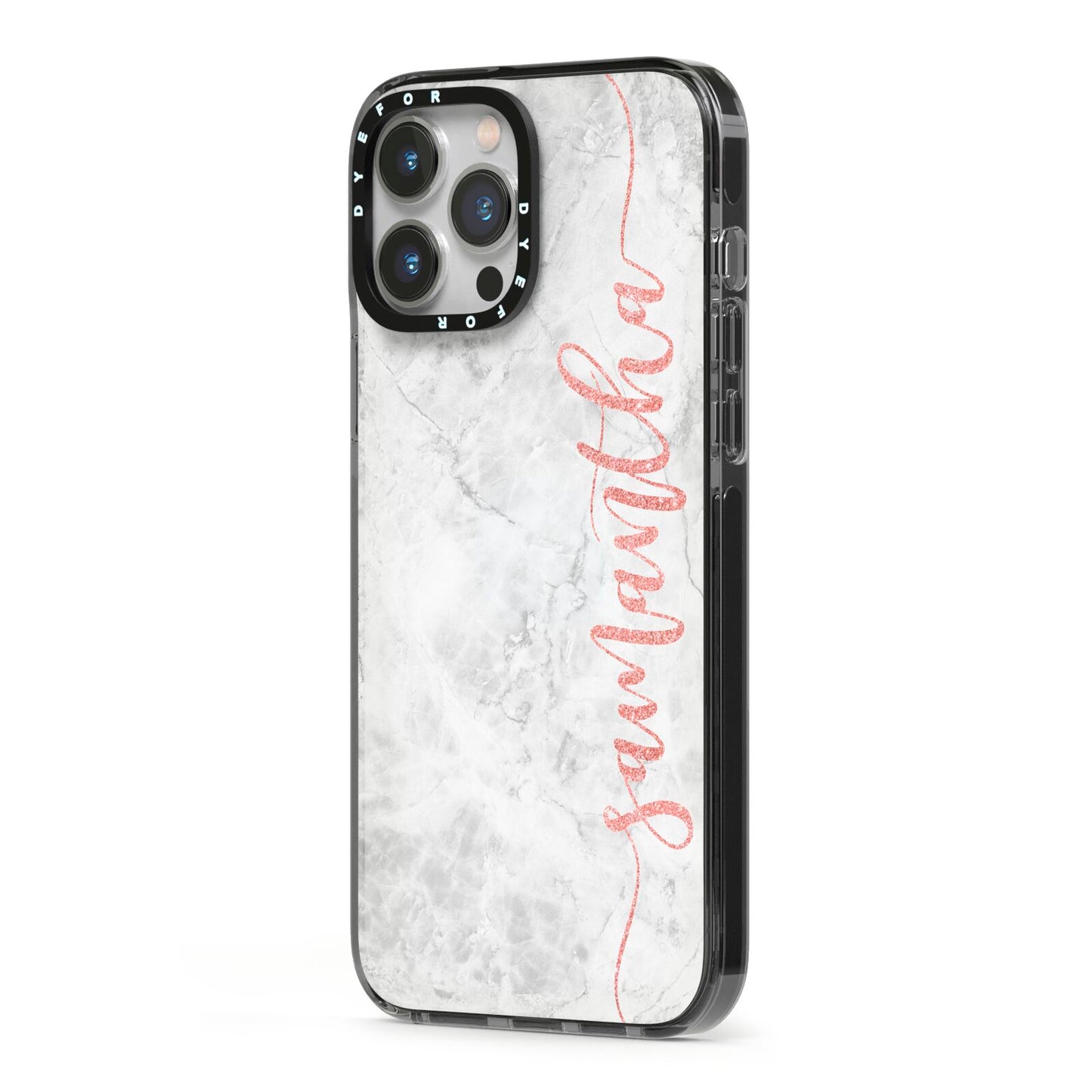 Grey Marble Personalised Vertical Glitter Name iPhone 13 Pro Max Black Impact Case Side Angle on Silver phone