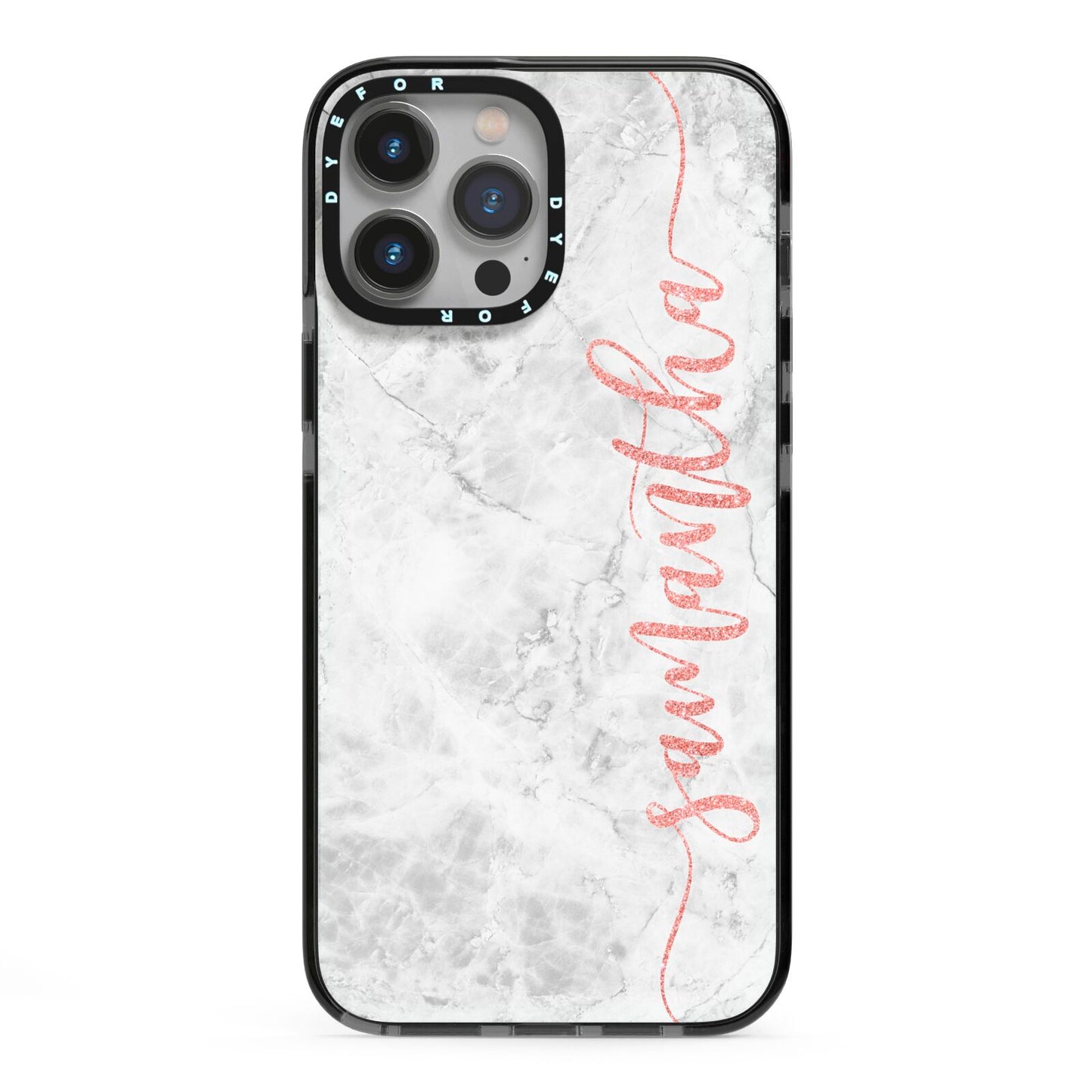 Grey Marble Personalised Vertical Glitter Name iPhone 13 Pro Max Black Impact Case on Silver phone