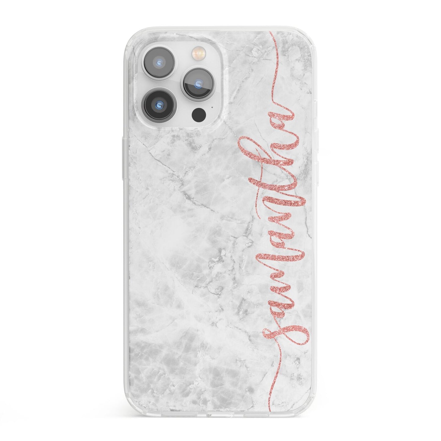 Grey Marble Personalised Vertical Glitter Name iPhone 13 Pro Max Clear Bumper Case