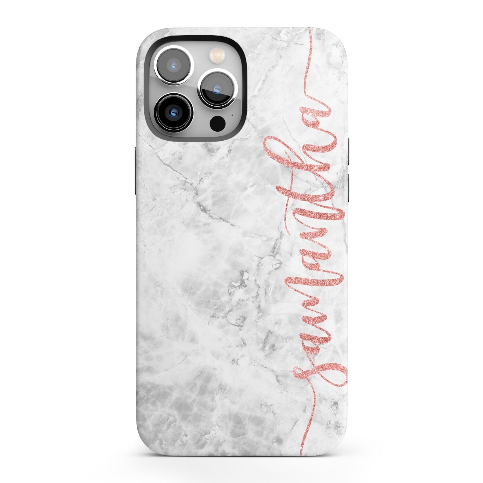 Grey Marble Personalised Vertical Glitter Name iPhone 13 Pro Max Full Wrap 3D Tough Case