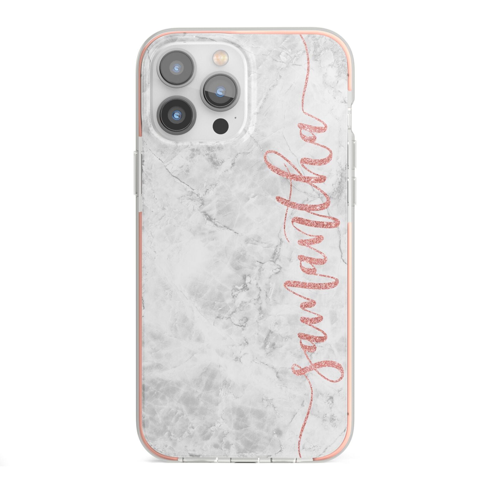 Grey Marble Personalised Vertical Glitter Name iPhone 13 Pro Max TPU Impact Case with Pink Edges