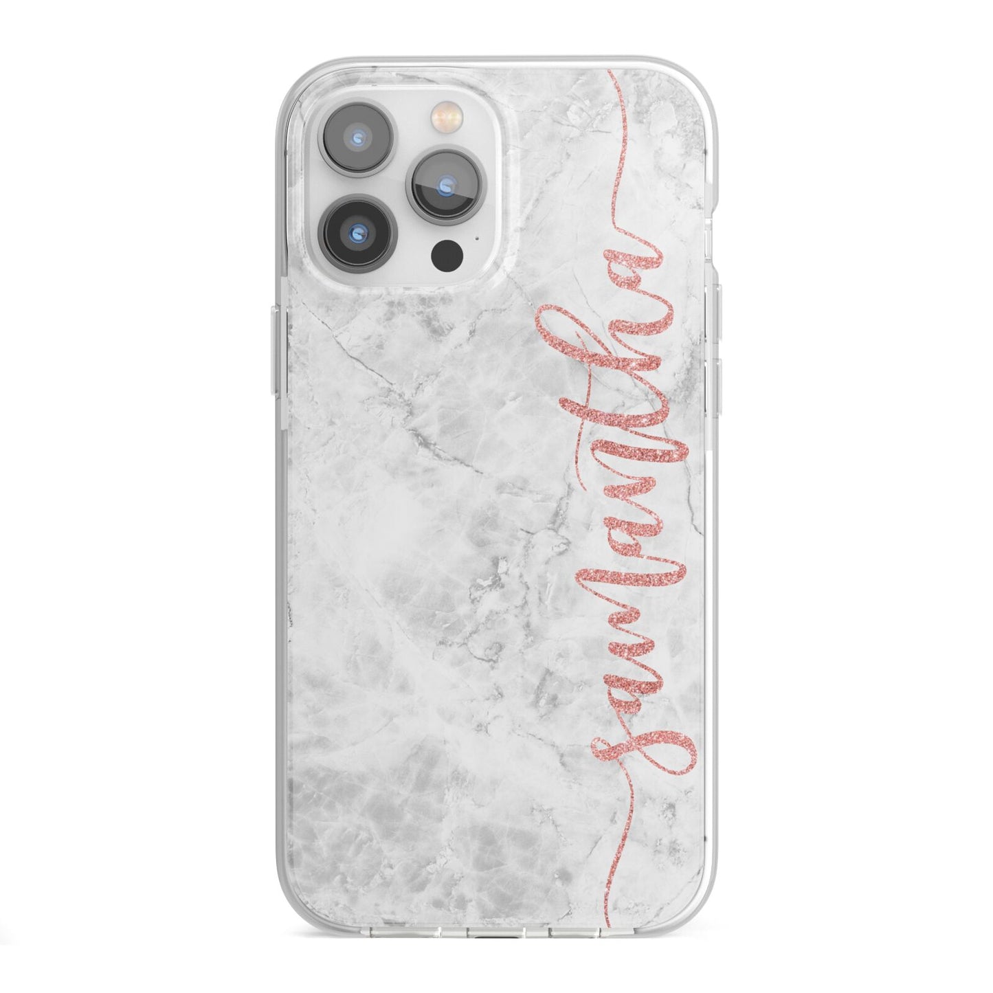 Grey Marble Personalised Vertical Glitter Name iPhone 13 Pro Max TPU Impact Case with White Edges