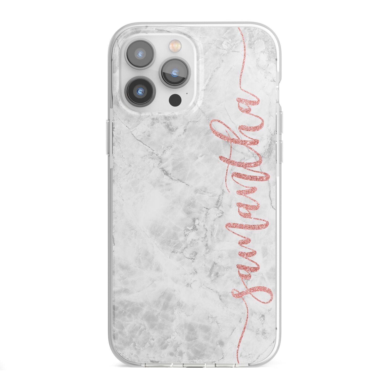 Grey Marble Personalised Vertical Glitter Name iPhone 13 Pro Max TPU Impact Case with White Edges