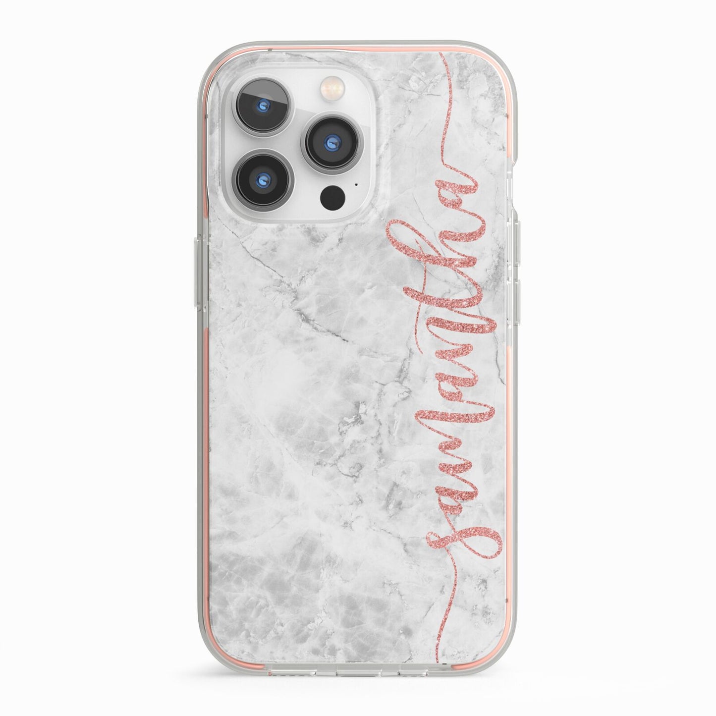 Grey Marble Personalised Vertical Glitter Name iPhone 13 Pro TPU Impact Case with Pink Edges