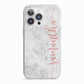 Grey Marble Personalised Vertical Glitter Name iPhone 13 Pro TPU Impact Case with White Edges