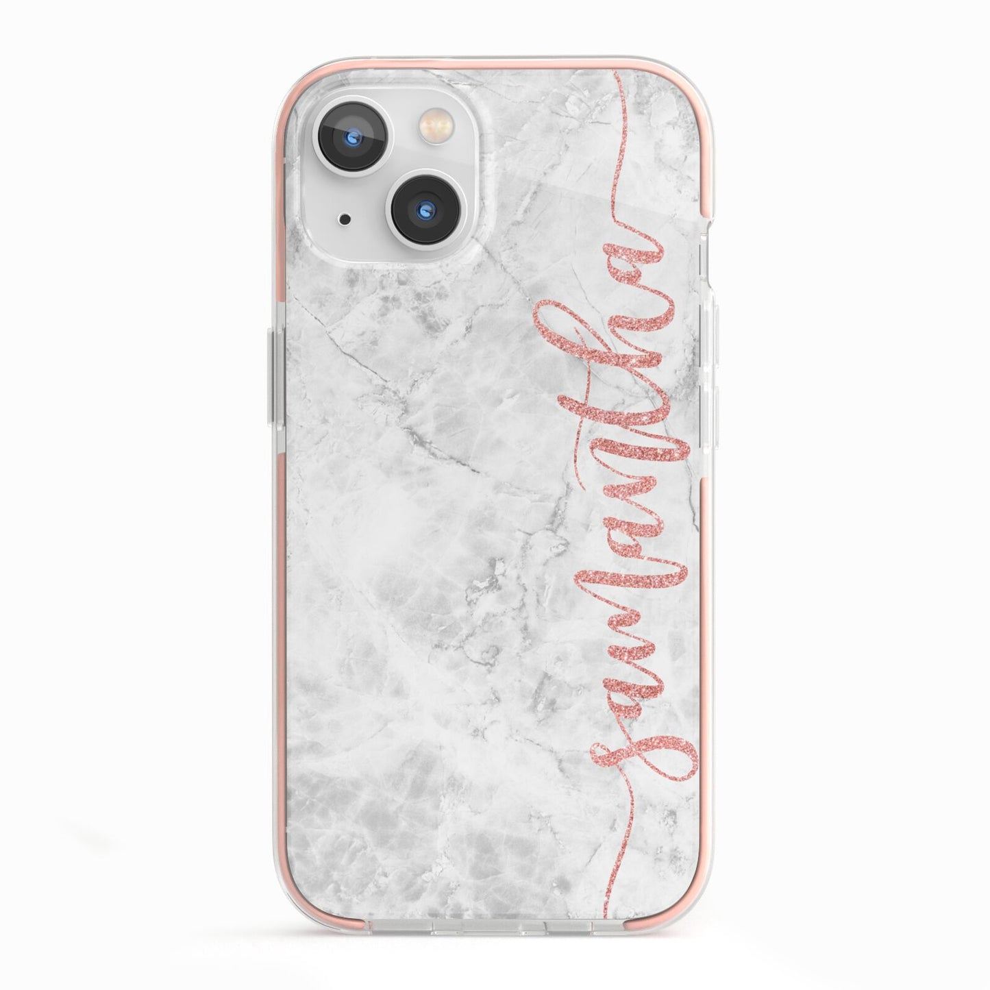 Grey Marble Personalised Vertical Glitter Name iPhone 13 TPU Impact Case with Pink Edges