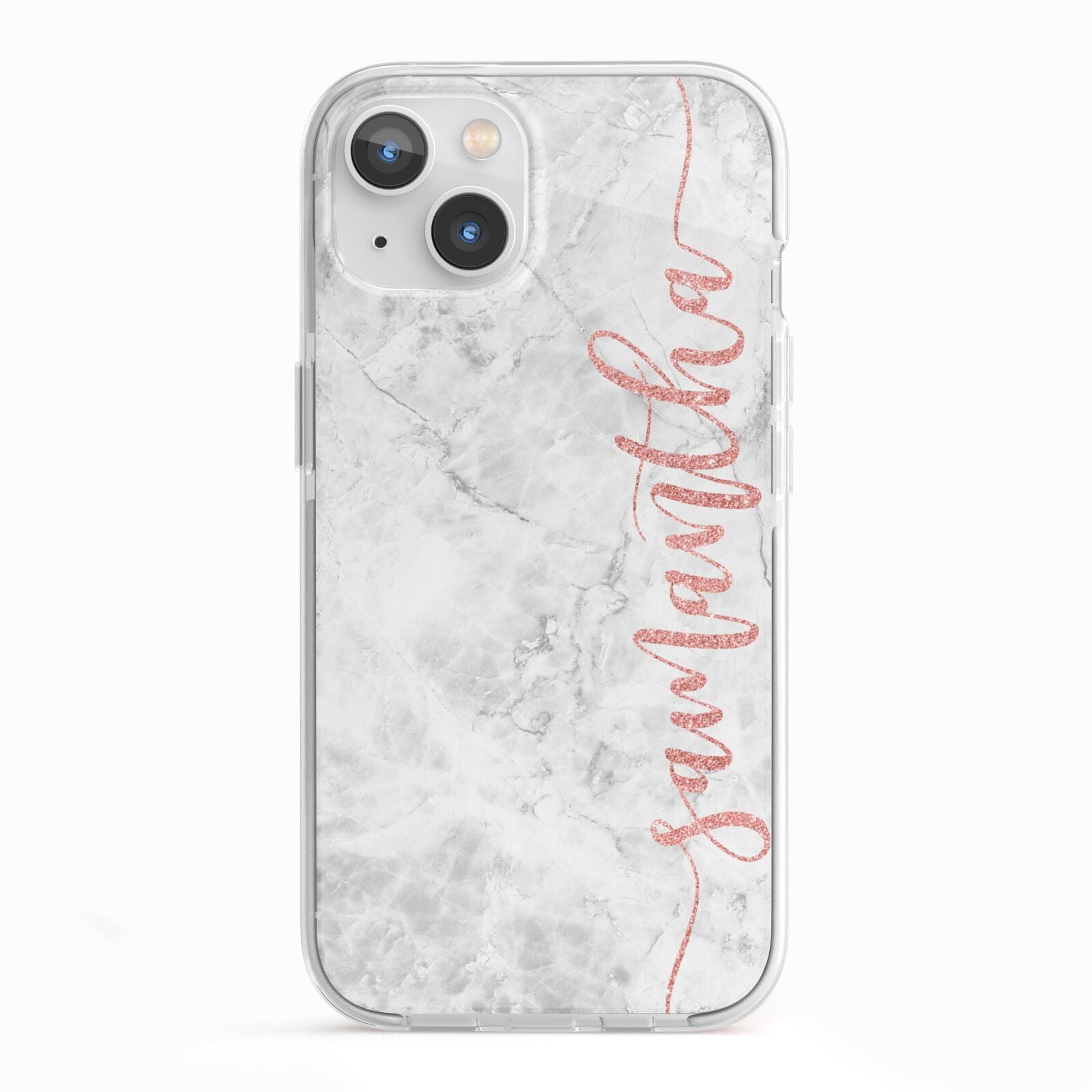 Grey Marble Personalised Vertical Glitter Name iPhone 13 TPU Impact Case with White Edges