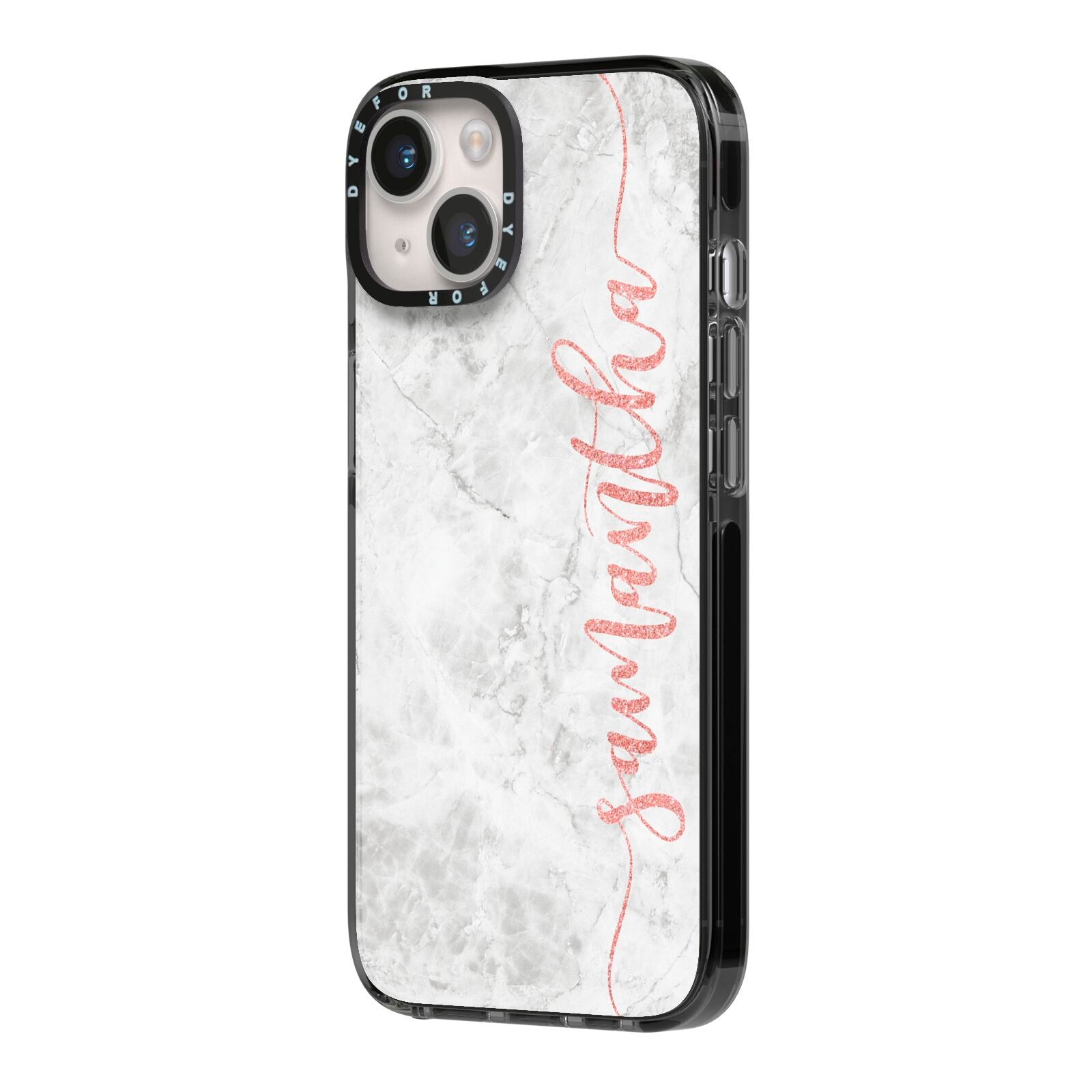 Grey Marble Personalised Vertical Glitter Name iPhone 14 Black Impact Case Side Angle on Silver phone