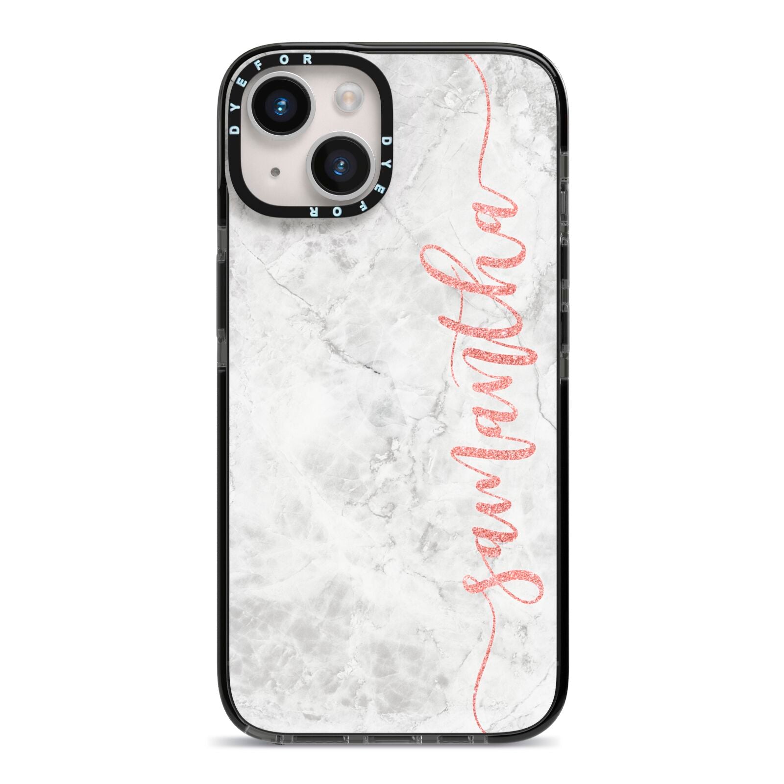 Grey Marble Personalised Vertical Glitter Name iPhone 14 Black Impact Case on Silver phone