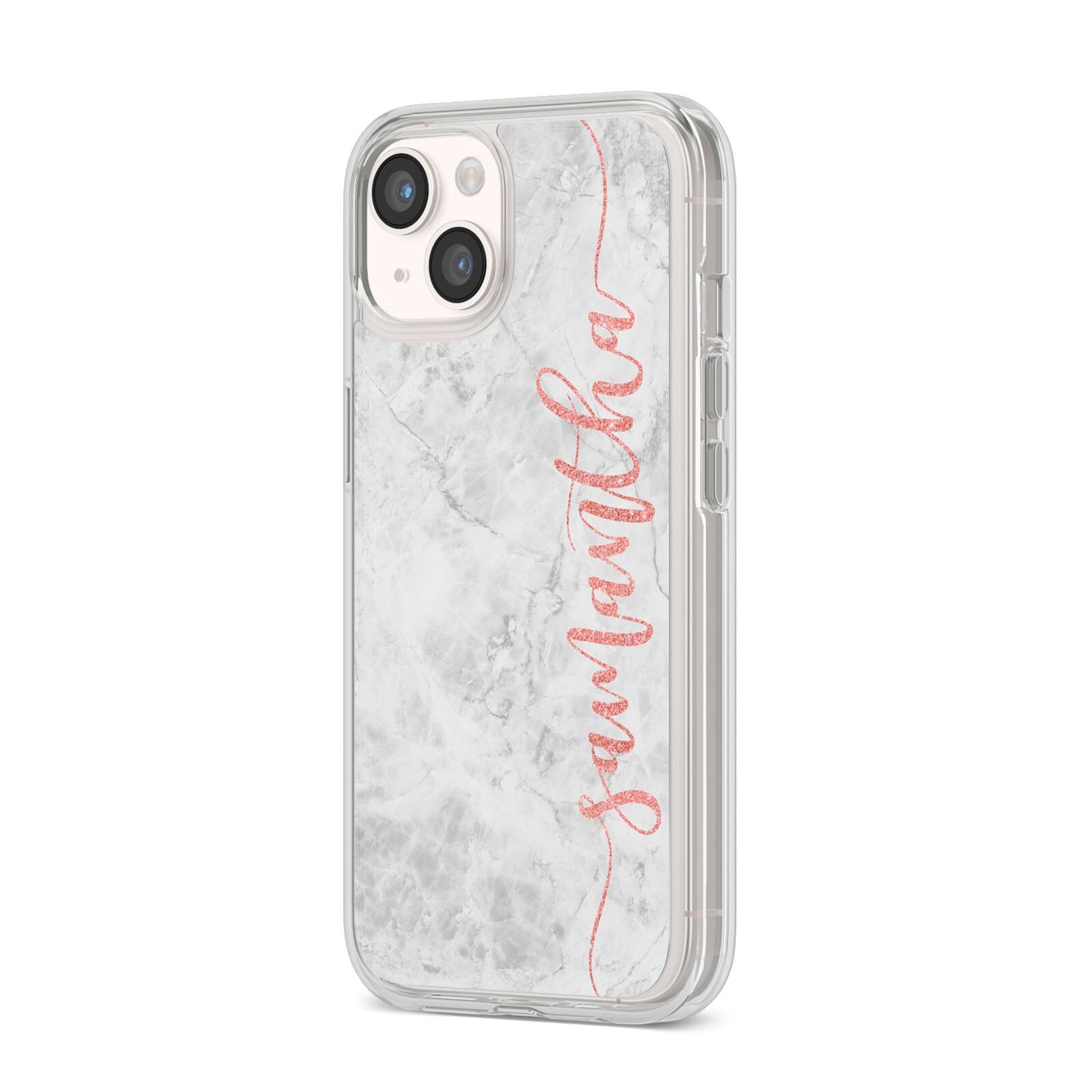 Grey Marble Personalised Vertical Glitter Name iPhone 14 Clear Tough Case Starlight Angled Image