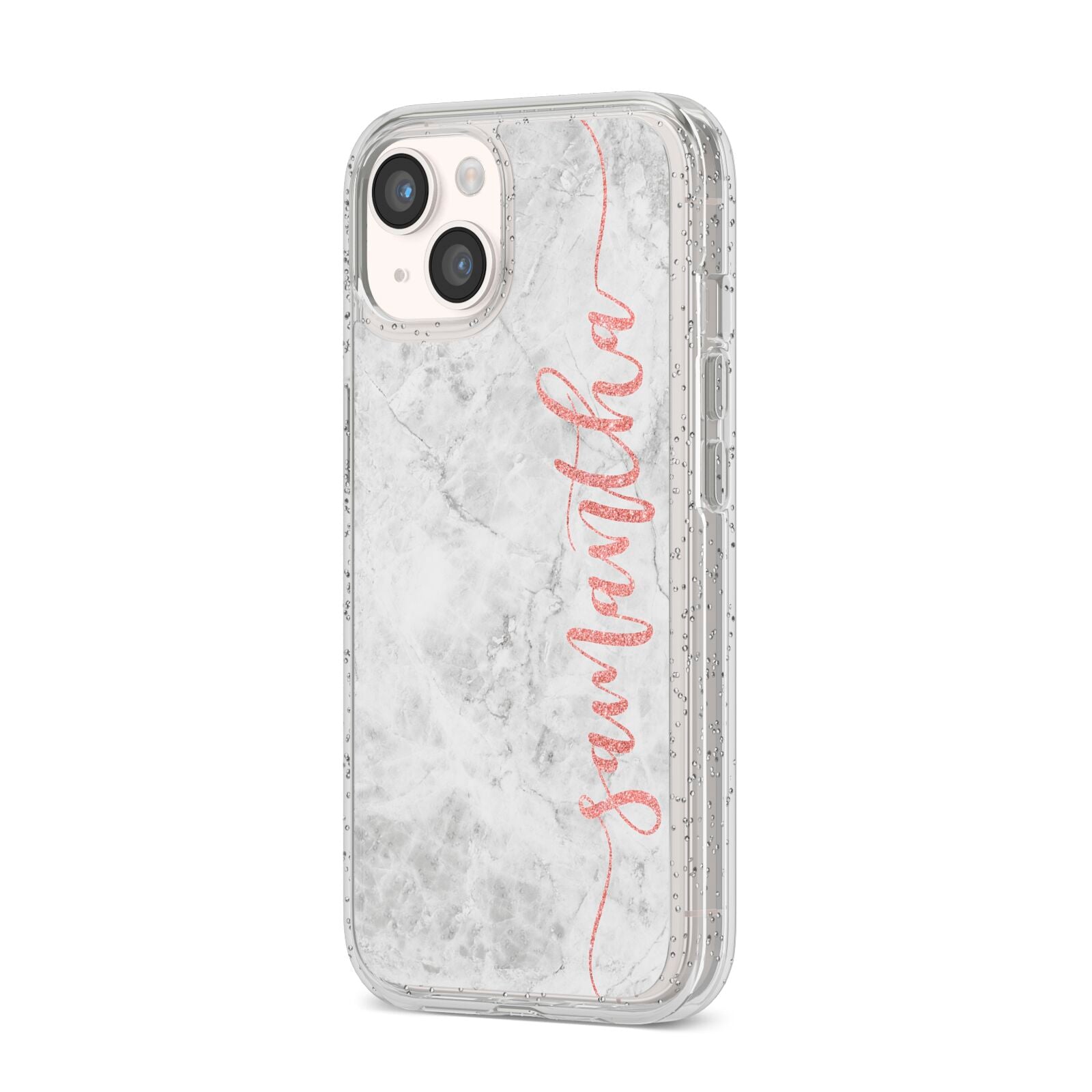 Grey Marble Personalised Vertical Glitter Name iPhone 14 Glitter Tough Case Starlight Angled Image