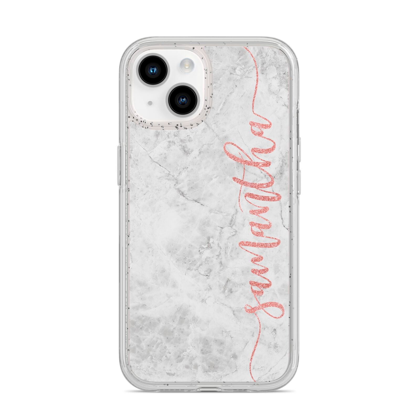 Grey Marble Personalised Vertical Glitter Name iPhone 14 Glitter Tough Case Starlight