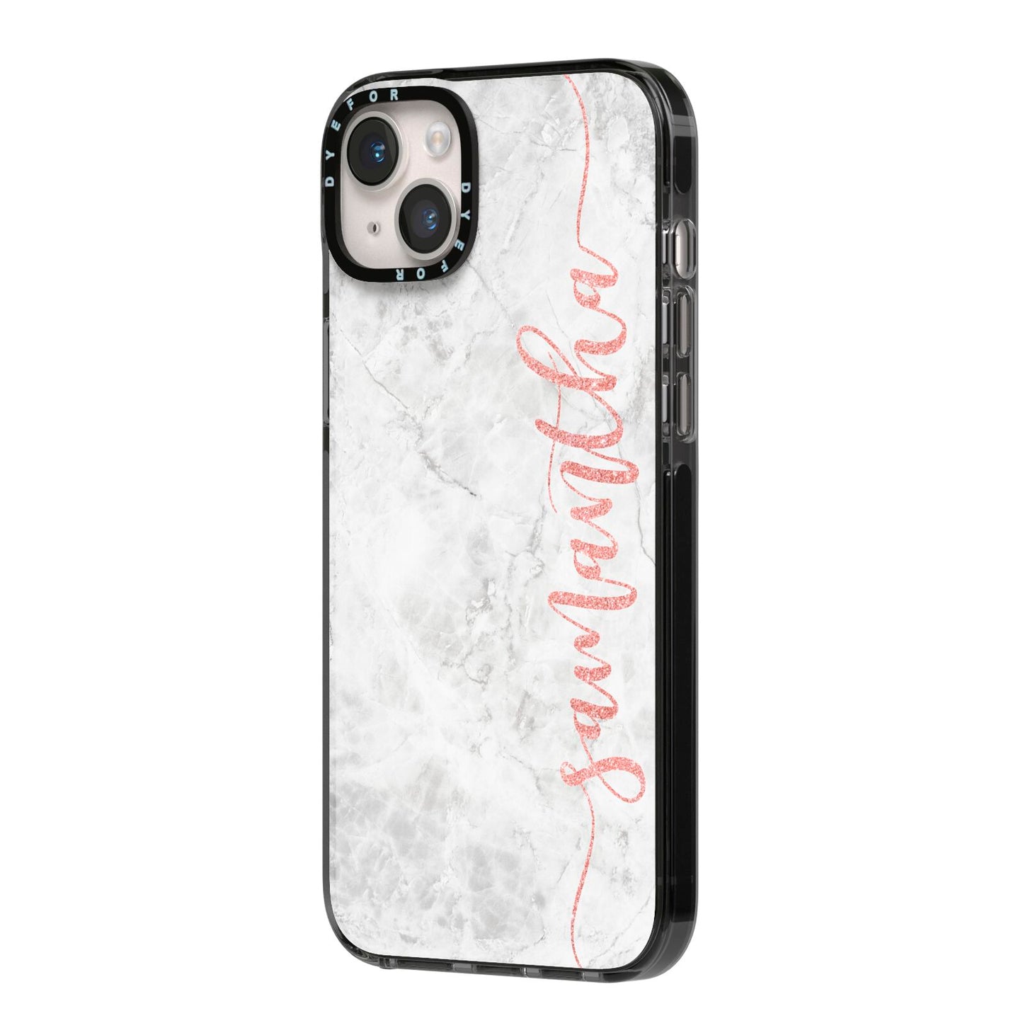 Grey Marble Personalised Vertical Glitter Name iPhone 14 Plus Black Impact Case Side Angle on Silver phone