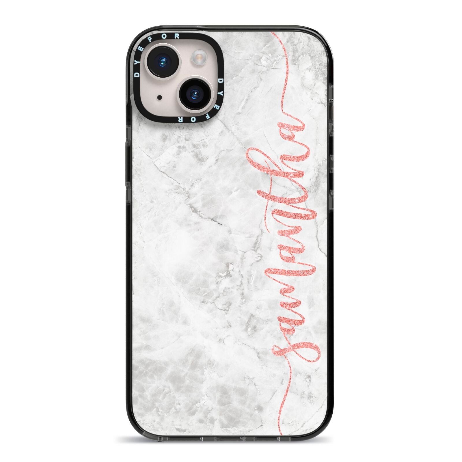 Grey Marble Personalised Vertical Glitter Name iPhone 14 Plus Black Impact Case on Silver phone