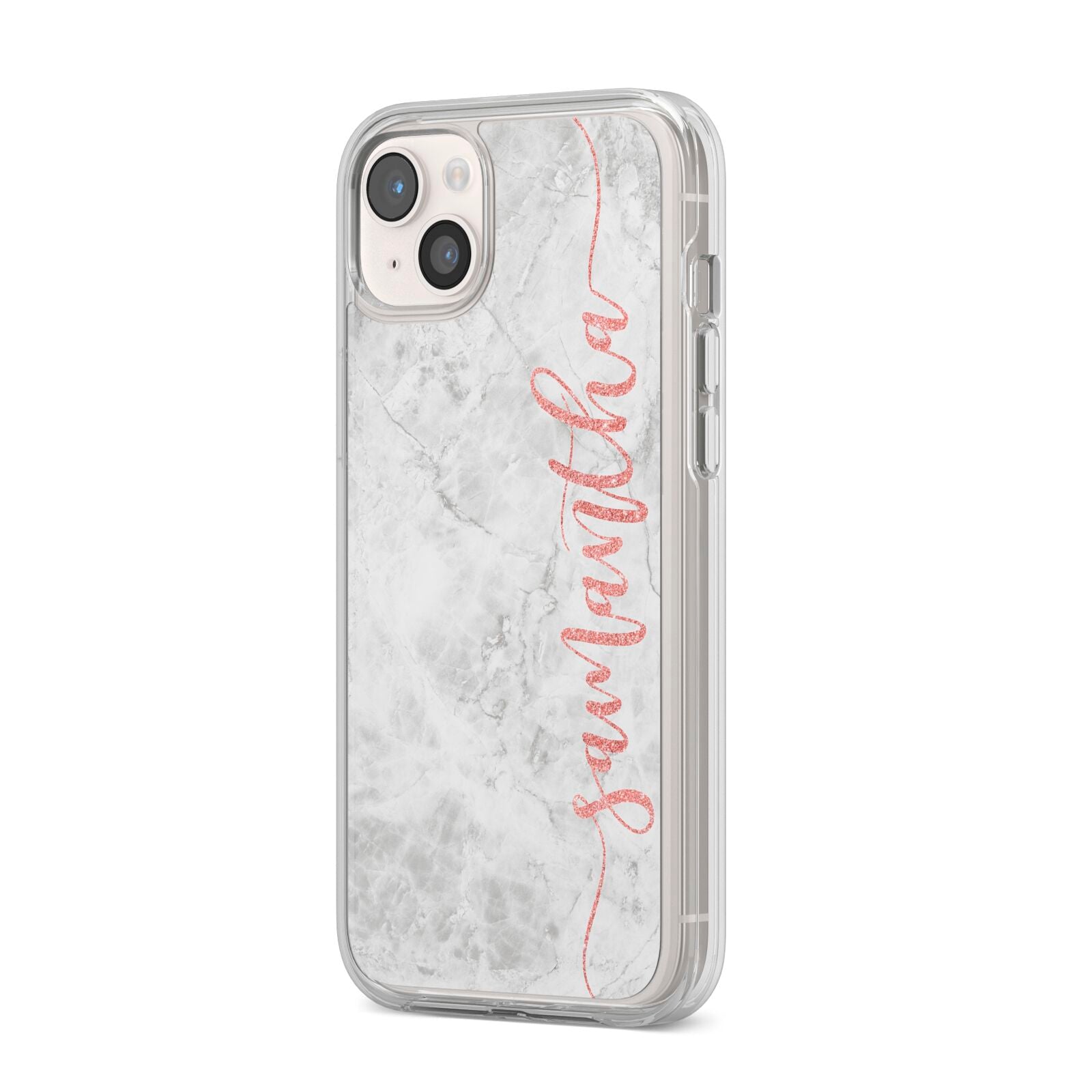 Grey Marble Personalised Vertical Glitter Name iPhone 14 Plus Clear Tough Case Starlight Angled Image