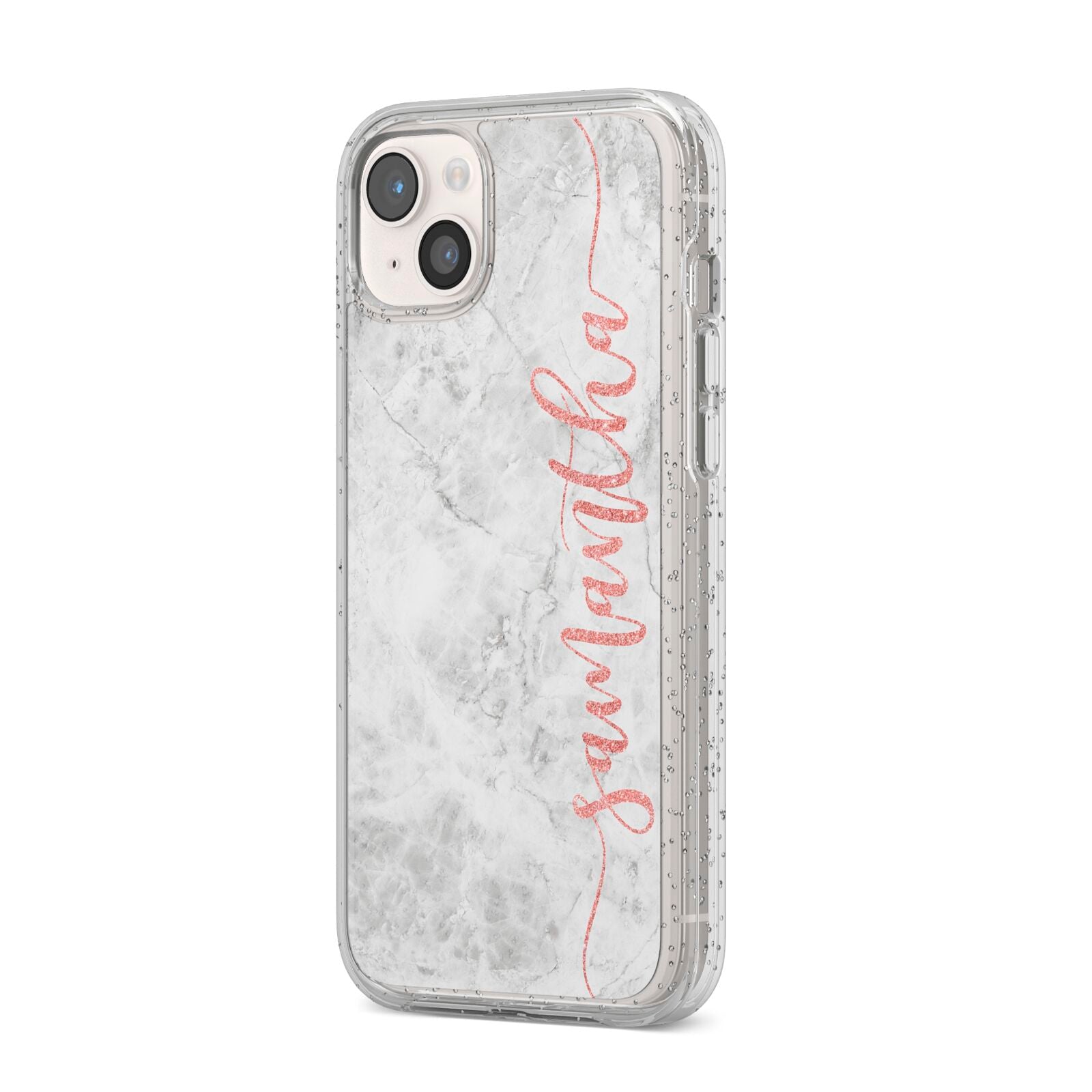 Grey Marble Personalised Vertical Glitter Name iPhone 14 Plus Glitter Tough Case Starlight Angled Image