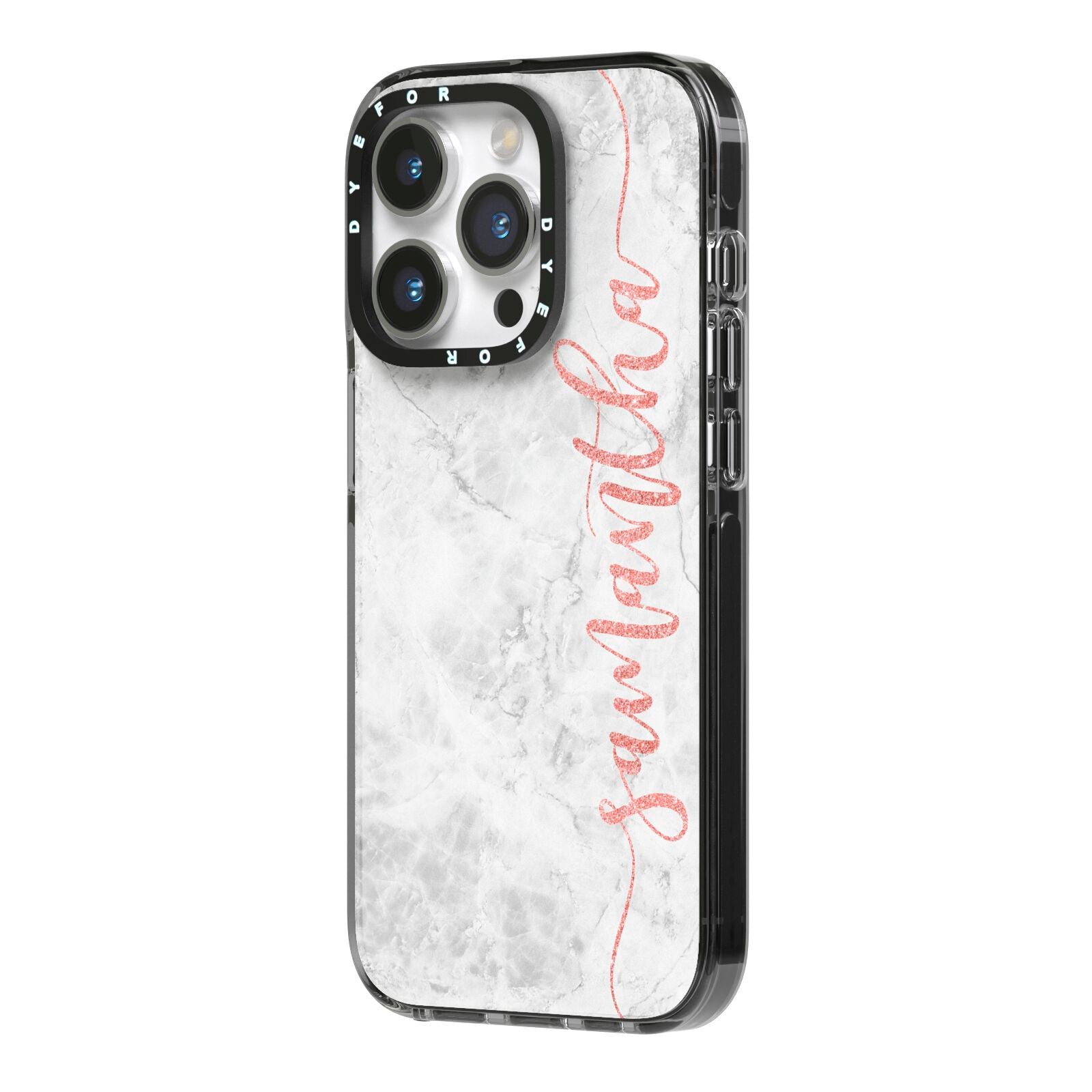 Grey Marble Personalised Vertical Glitter Name iPhone 14 Pro Black Impact Case Side Angle on Silver phone