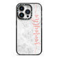 Grey Marble Personalised Vertical Glitter Name iPhone 14 Pro Black Impact Case on Silver phone