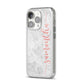 Grey Marble Personalised Vertical Glitter Name iPhone 14 Pro Clear Tough Case Silver Angled Image