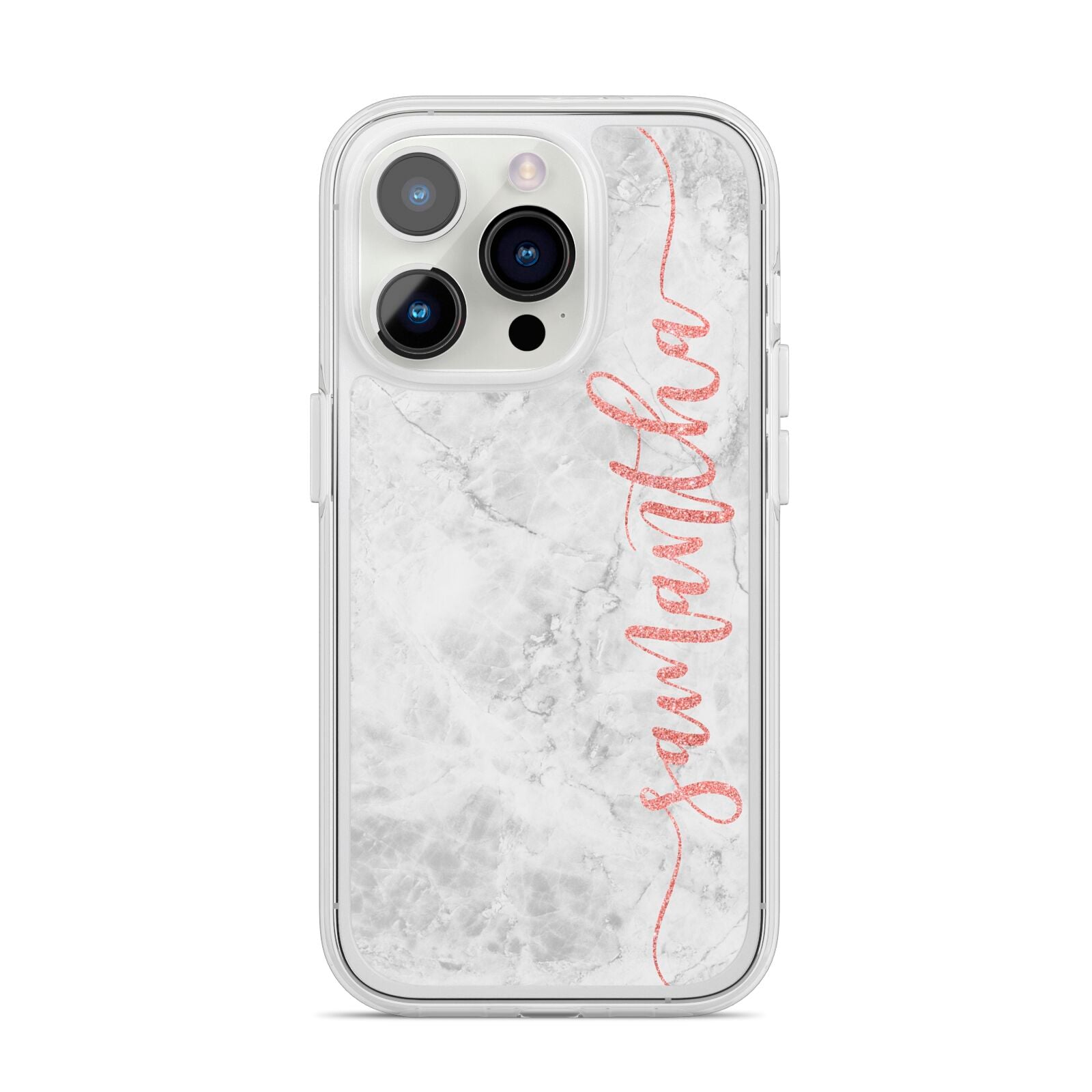 Grey Marble Personalised Vertical Glitter Name iPhone 14 Pro Clear Tough Case Silver