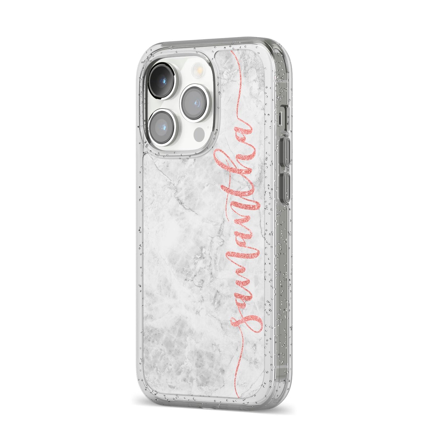 Grey Marble Personalised Vertical Glitter Name iPhone 14 Pro Glitter Tough Case Silver Angled Image