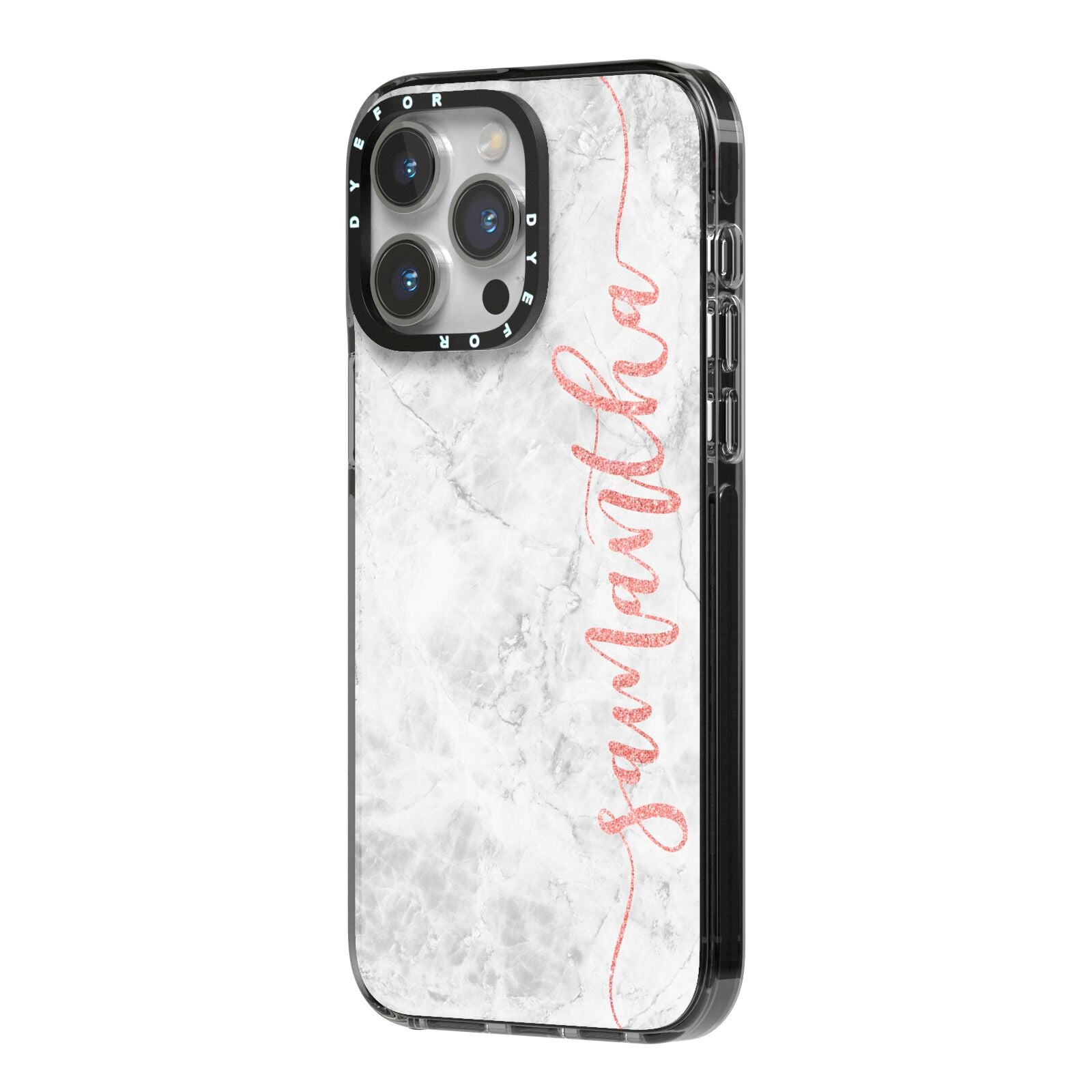 Grey Marble Personalised Vertical Glitter Name iPhone 14 Pro Max Black Impact Case Side Angle on Silver phone