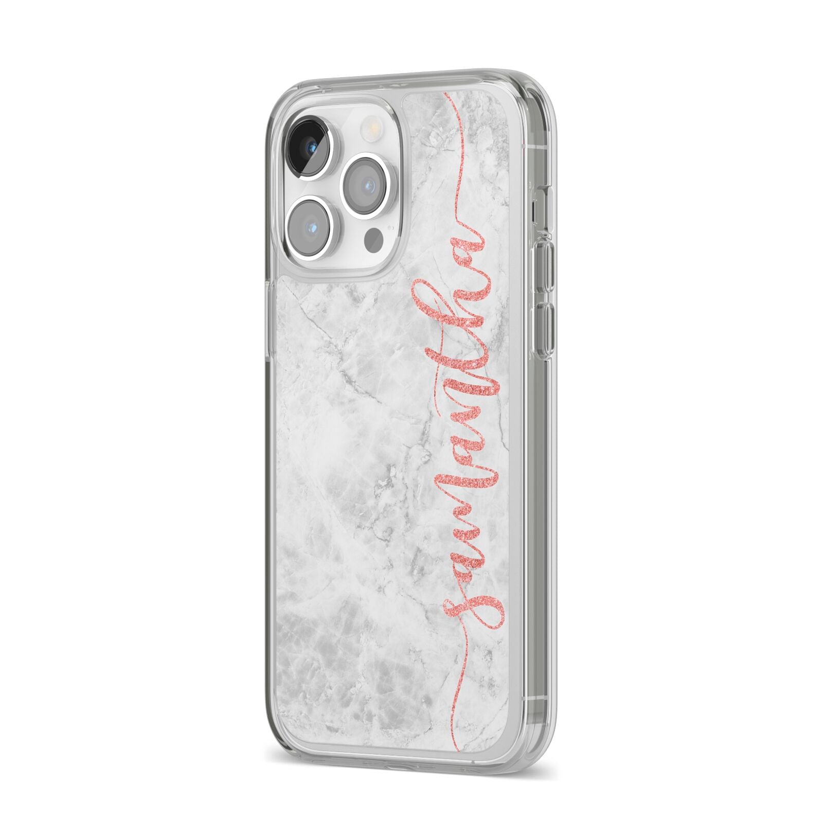 Grey Marble Personalised Vertical Glitter Name iPhone 14 Pro Max Clear Tough Case Silver Angled Image