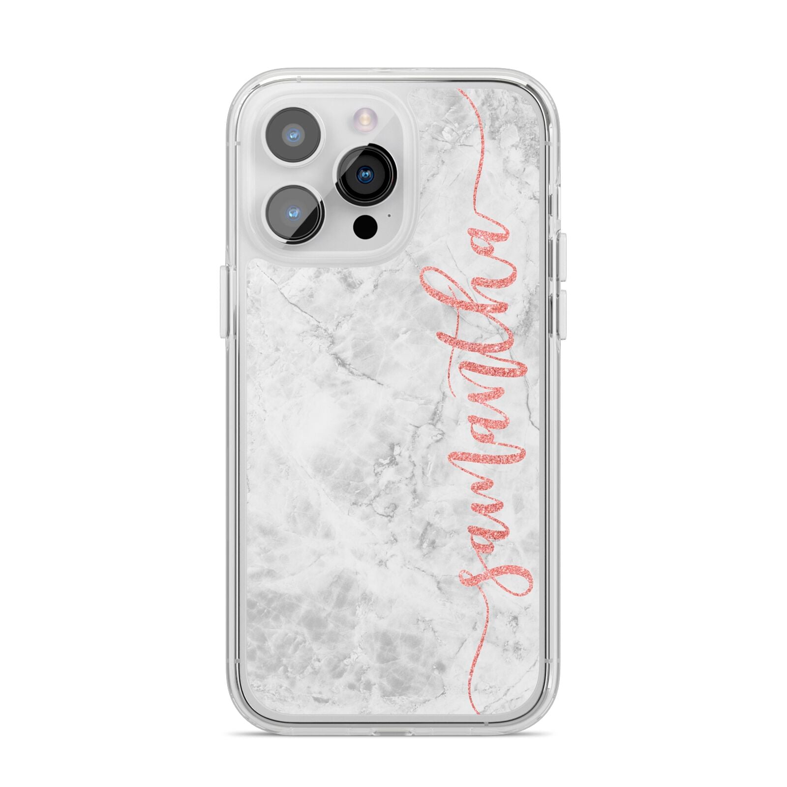 Grey Marble Personalised Vertical Glitter Name iPhone 14 Pro Max Clear Tough Case Silver