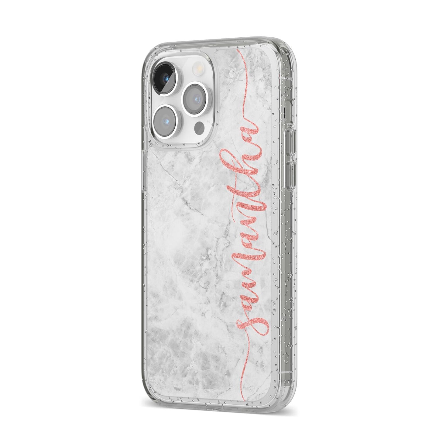 Grey Marble Personalised Vertical Glitter Name iPhone 14 Pro Max Glitter Tough Case Silver Angled Image