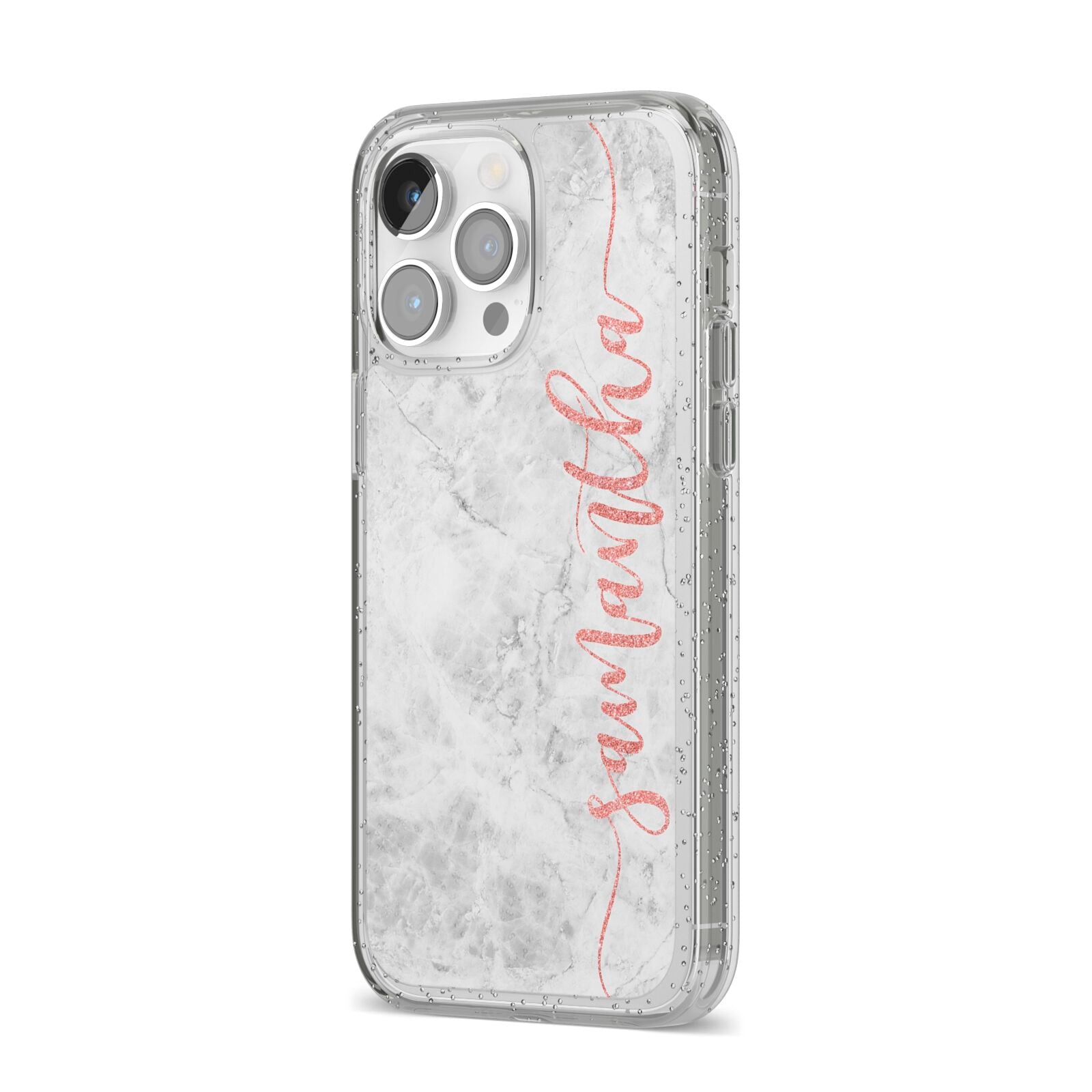 Grey Marble Personalised Vertical Glitter Name iPhone 14 Pro Max Glitter Tough Case Silver Angled Image