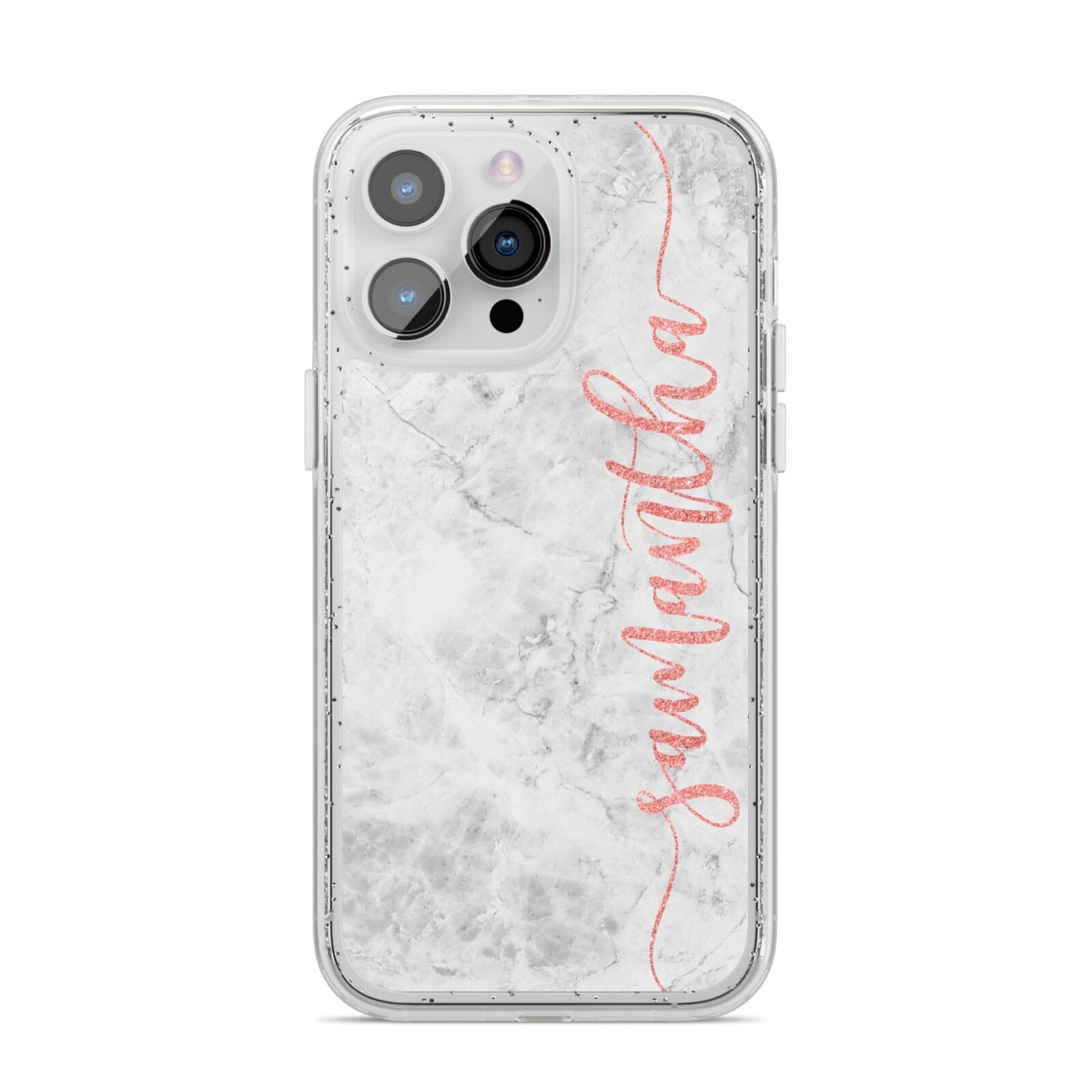 Grey Marble Personalised Vertical Glitter Name iPhone 14 Pro Max Glitter Tough Case Silver