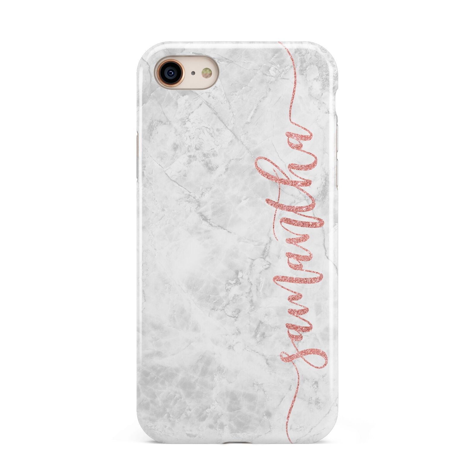 Grey Marble Personalised Vertical Glitter Name iPhone 8 3D Tough Case on Gold Phone